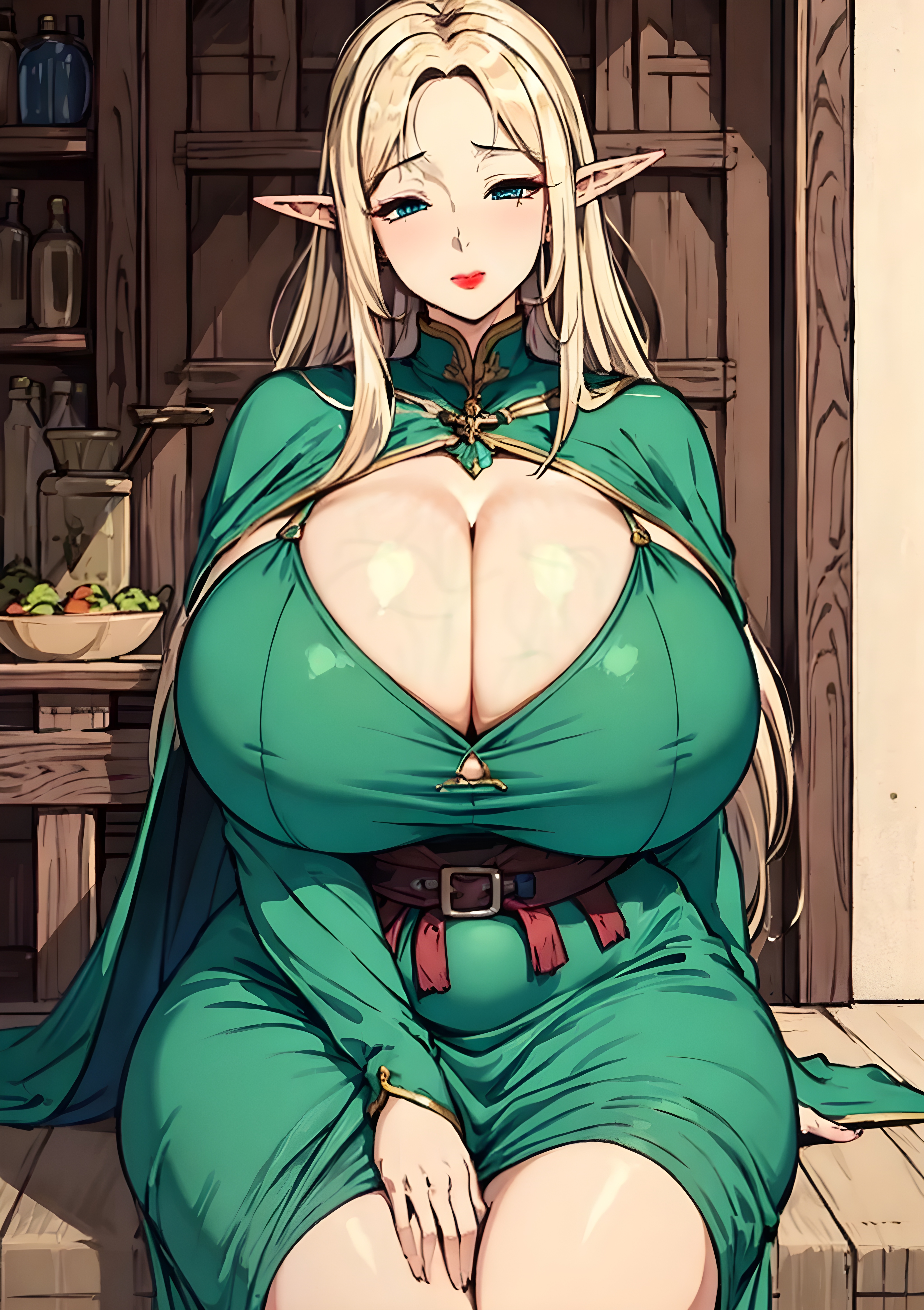 1girls, ai generated, blonde hair, breasts, elf, female, female focus, female only, huge breasts, looking at viewer, seductive look, stable diffusion, voluptuous, voluptuous female