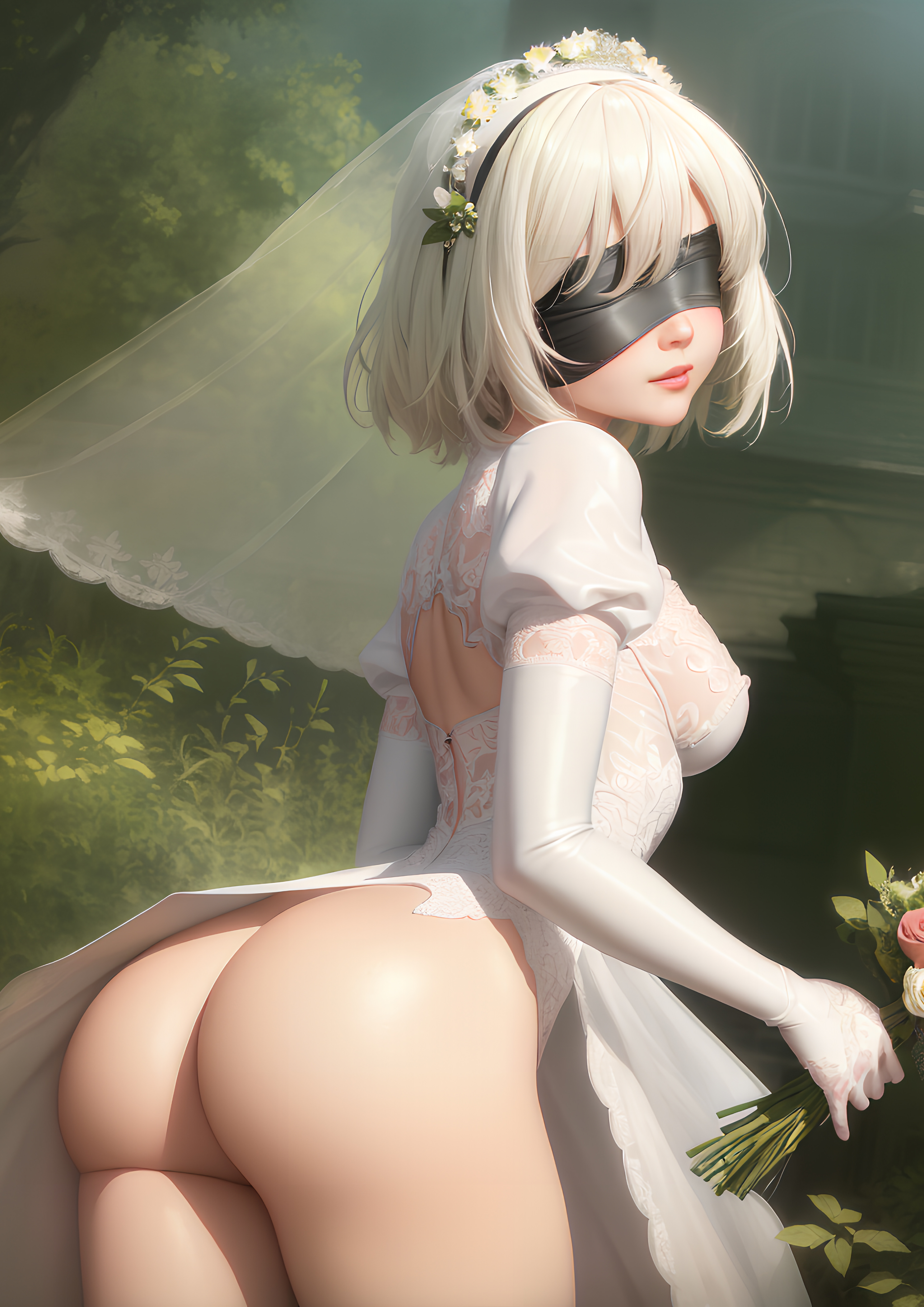 ai generated, ass, big ass, blindfold, breasts, female, nier: automata, square enix, thong leotard, yorha 2b