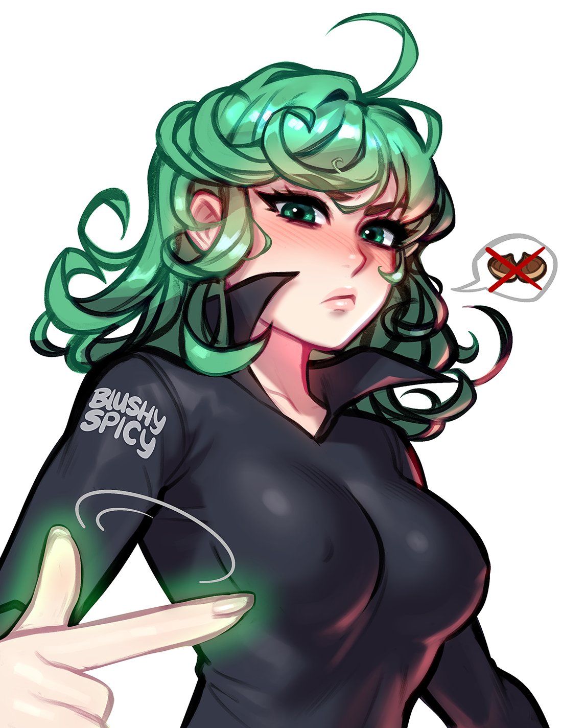 1girls, artist logo, artist name, artist signature, blushypixy, blushyspicy, clothed, clothing, eyebrows, eyebrows visible through hair, eyelashes, female, female only, green hair, image, looking at viewer, nipples bulge, one-punch man, pictographics, pointing, portrait, scowl, speech bubble, tatsumaki, upper body, upper body focus, white background
