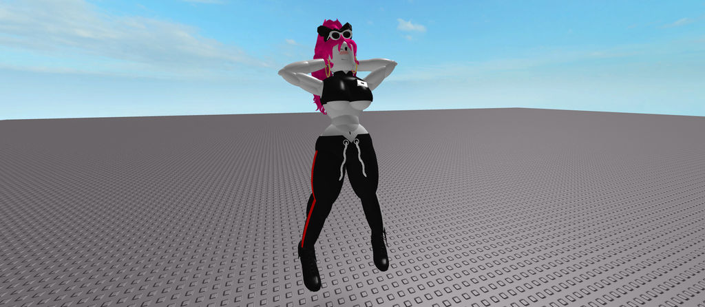 1girls 3d baseplate belly_button big_breasts black_clothing blush breasts croptop earrings exposed_shoulders eyewear_on_head female guest_(roblox) guest_224 hands_behind_head humanoid nail_polish pink_hair pink_nail_polish pink_nails roblox robloxian robloxxxreddd sunglasses sunglasses_on_head tagme underboob