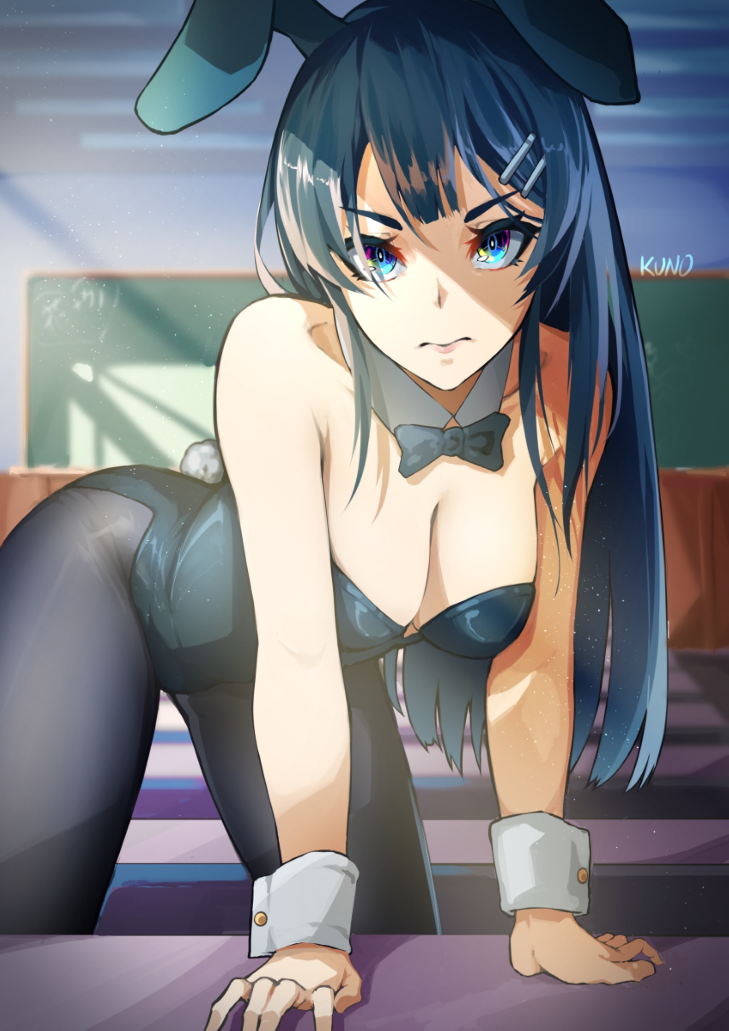 1girls, black hair, bunnysuit, classroom, fake animal ears, fake rabbit ears, female, female only, indoors, light skin, light-skinned female, room, sakurajima mai, seishun buta yarou wa bunny girl senpai no yume wo minai, solo