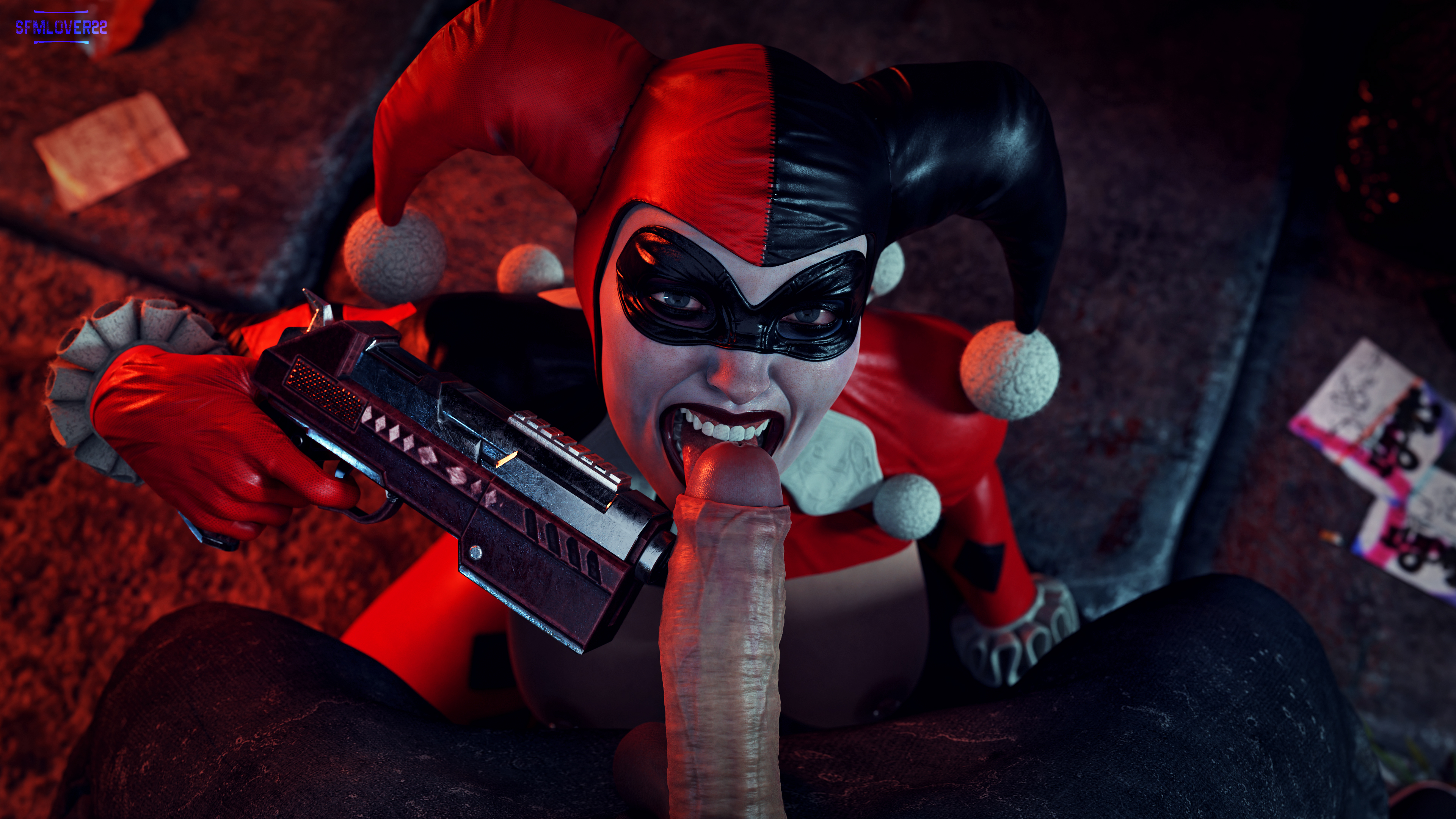 3d, batman (series), batman: arkham knight, breasts, clown girl, dc, dc comics, female, gun, harley quinn, harley quinn (classic), harley quinn (injustice), huge breasts, huge cock, injustice 2, makeup, male, penis, reverse rape, sfmlover22