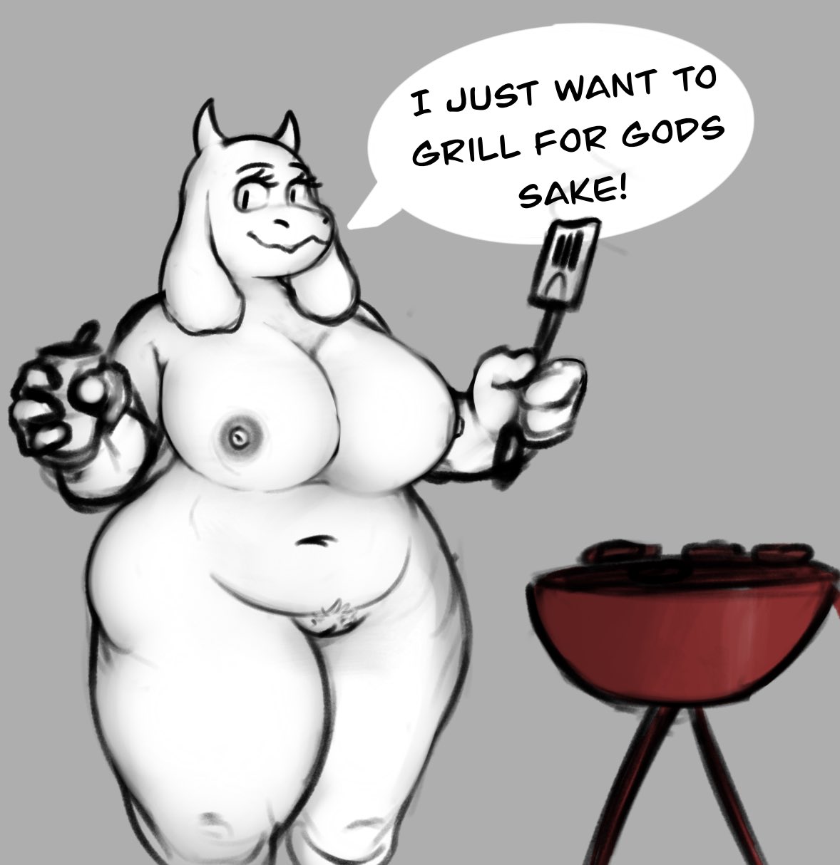 anthro areola beverage big_breasts black_eyes boss_monster bovid breasts burger caprine casual_nudity dialogue english_text exclamation_point female floppy_ears food fur furry furry_only genitals goat grey_areola grey_nipples grill hi_res holding_beverage holding_object holding_spatula holding_tool horn huge_breasts huge_thighs i_just_wanna_grill_for_god's_sake mammal milf nipples nude plantyfern pussy smile solo spatula speech_bubble text thick_thighs tools toriel undertale undertale_(series) white_body wide_hips