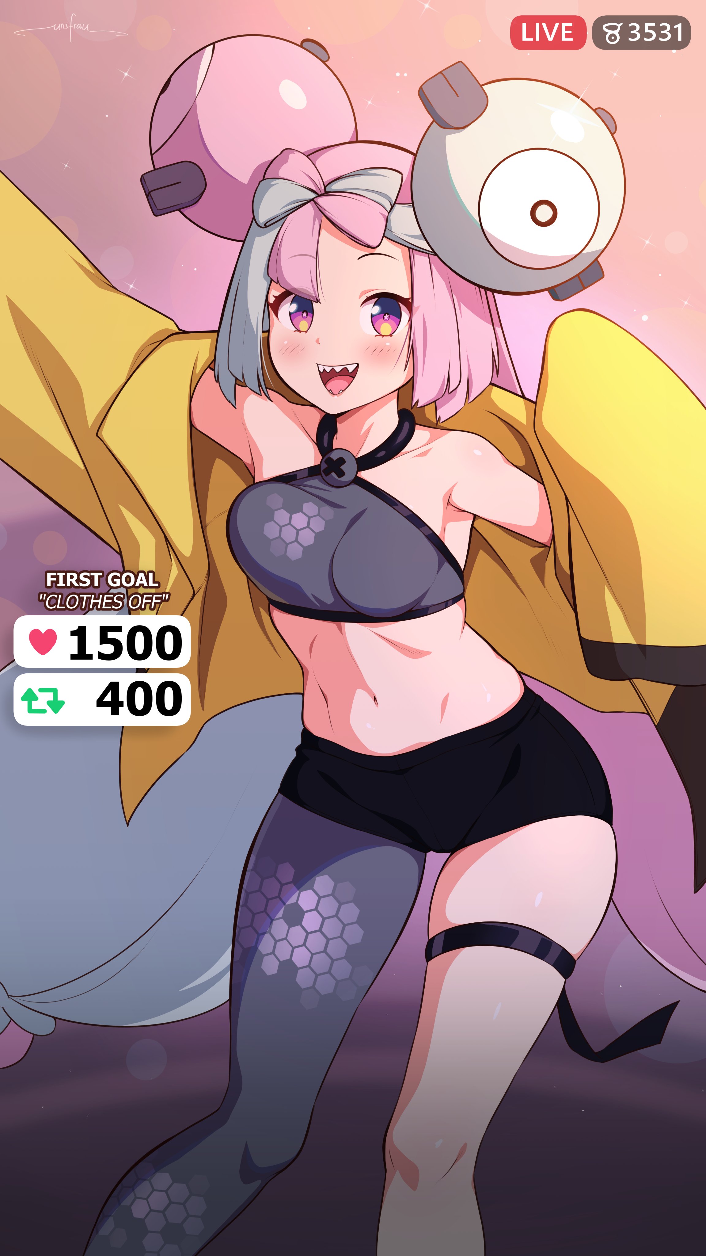 1girls, alternate breast size, blue hair, booty shorts, breasts, crop top, dialogue, english text, female, game freak, iono (pokemon), light skin, light-skinned female, long hair, long sleeves, medium breasts, nintendo, one thighhigh, pink eyes, pink hair, pokemon, pokemon sv, short shorts, shorts, smile, strip game, text, thighhighs, thighs, two-tone hair, unsfrau