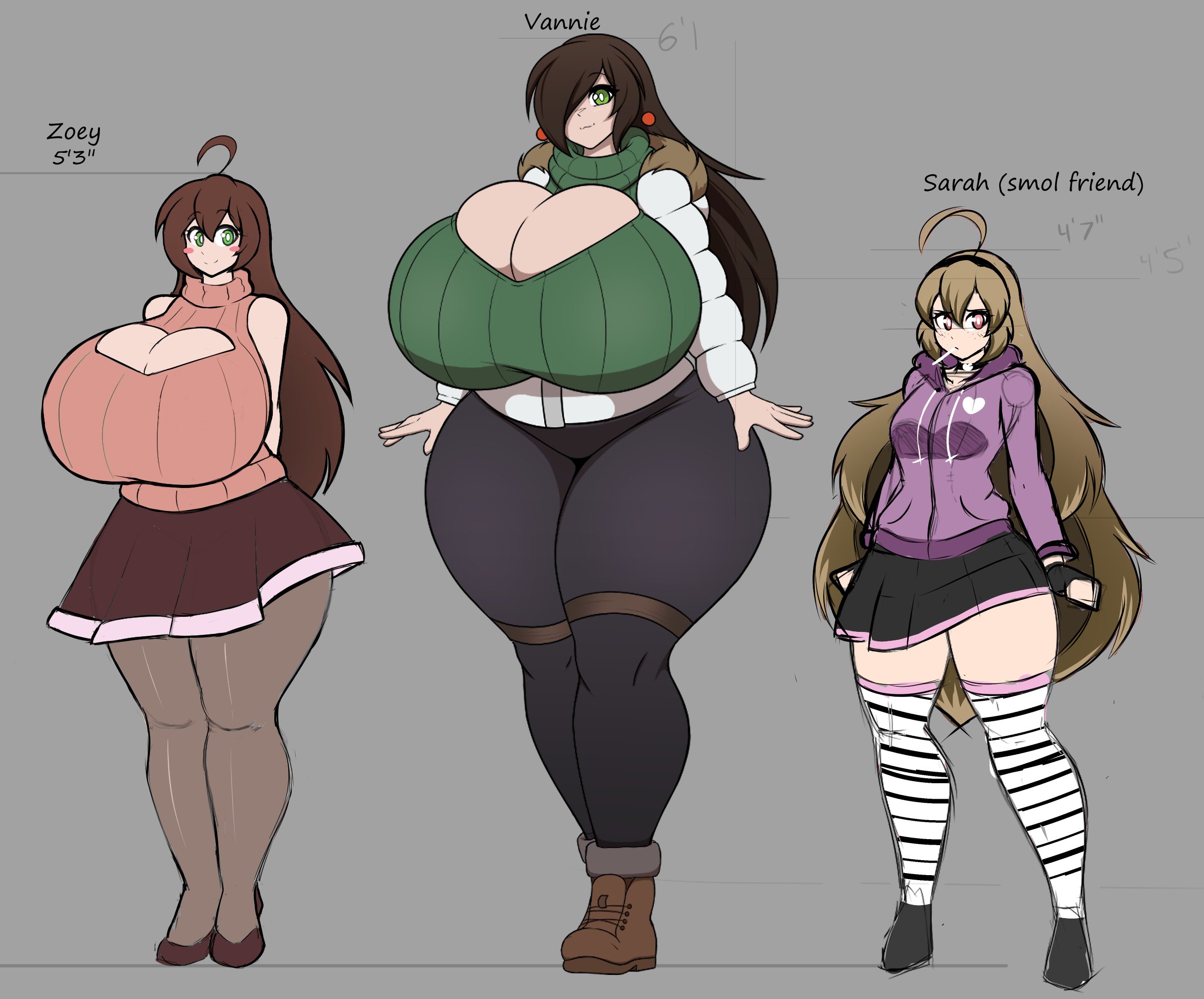 3girls, big breasts, breasts, breasts bigger than head, female, huge breasts, multiple females, multiple girls, sweater, takano (artist), thick thighs, vannie (takano), zoey (takano)