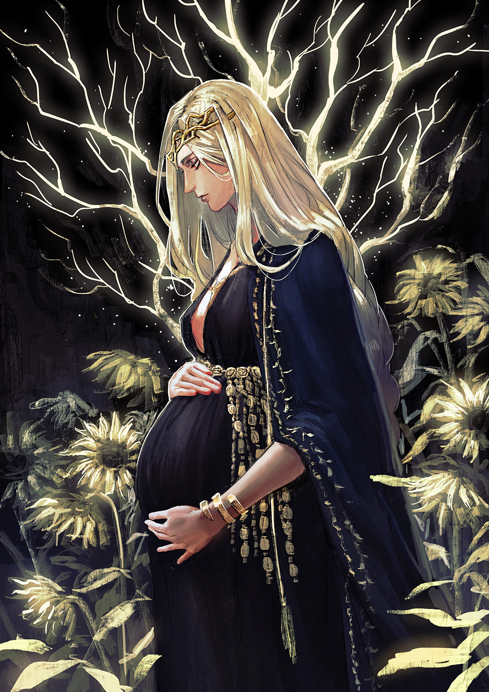 blonde_hair elden_ring female female_only fromsoftware goddess milf pregnant pregnant_belly pregnant_female queen_marika_the_eternal tumitumico