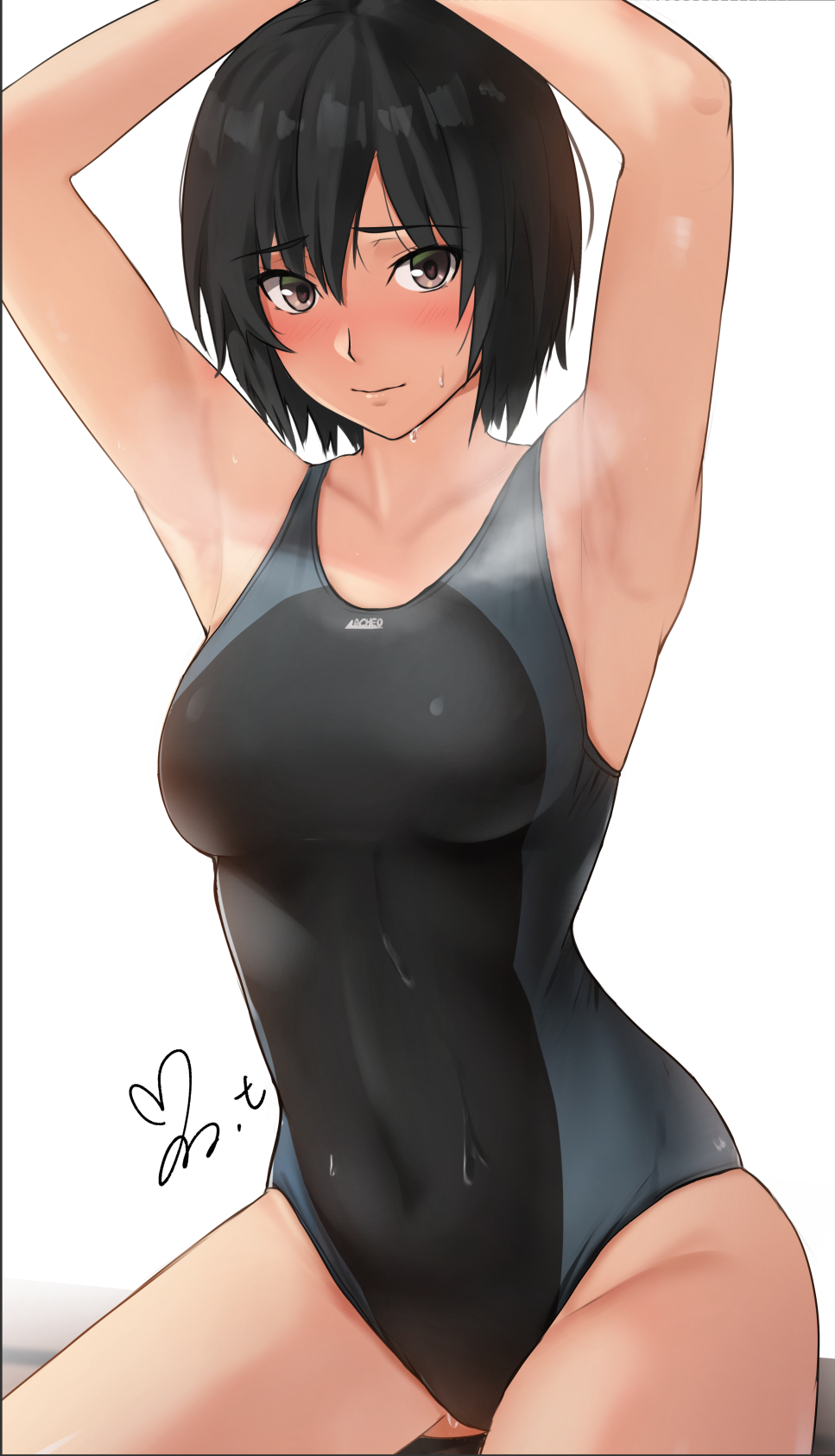 1girls amagami armpits arms_above_head arms_up black_hair blush breasts covered_navel female female_only grey_eyes hi_res legs looking_at_viewer medium_breasts nanasaki_ai one-piece_swimsuit pose posing sensual sexy_armpits short_hair smile solo sweat swimsuit thighs yoo_tenchi