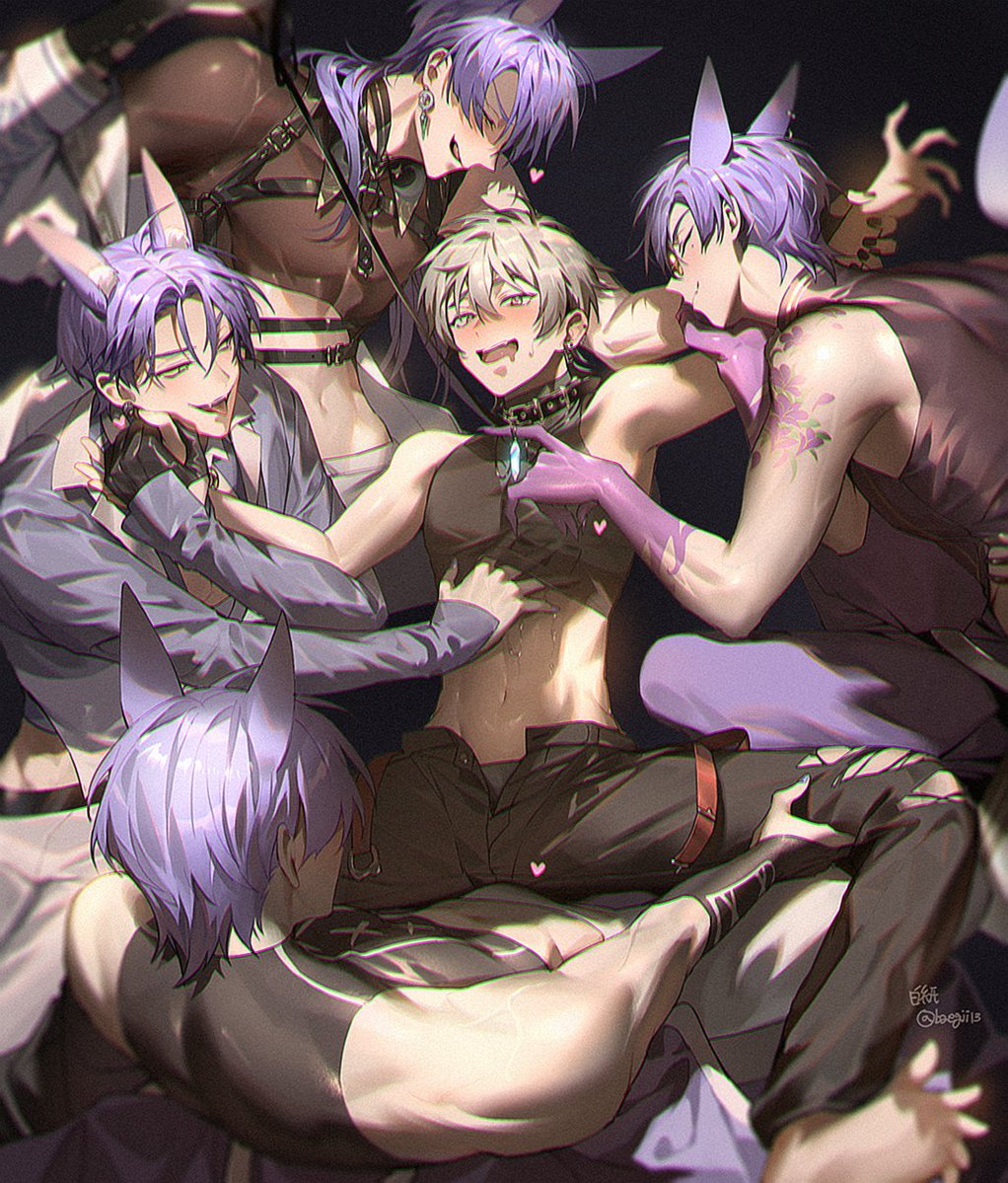 5boys, clones, collar, eiden (nu: carnival), fox ears, fox humanoid, kuya (nu: carnival), leash, male, multiple boys, multiple males, nu: carnival, purple hair, short hair, tagme, white hair, yaoi