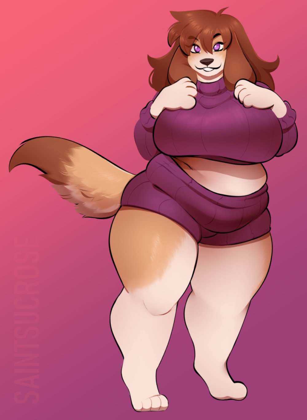 anthro big_breasts breasts canid canine canis chubby chubby_female clothed clothing female fur furry furry_only saintsucrose solo standing tail thick_thighs wide_hips