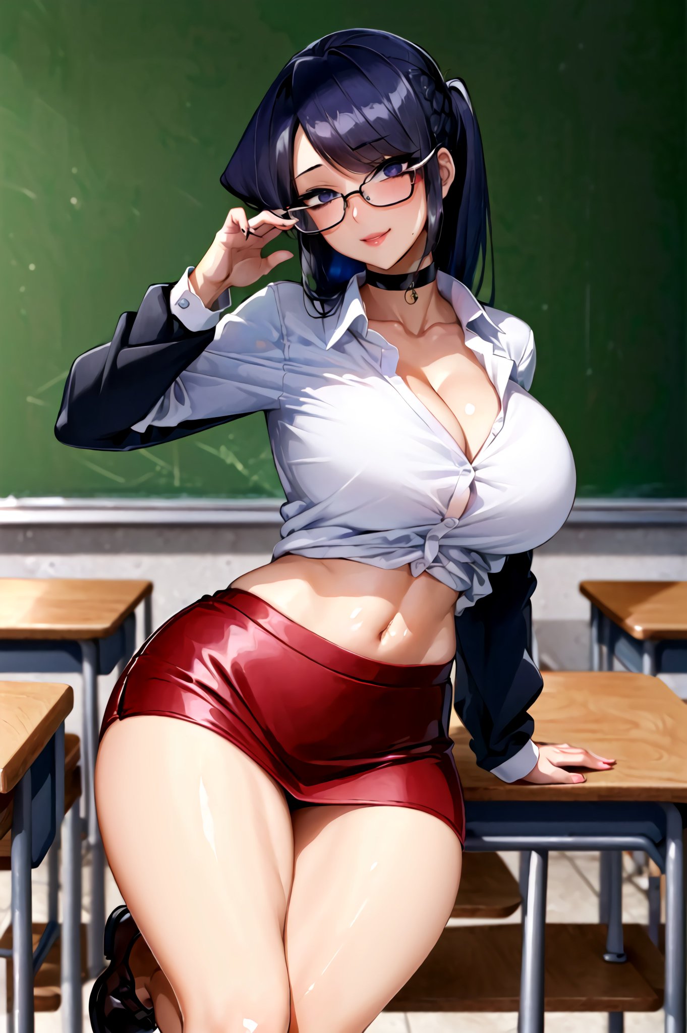 1girls, ai generated, breasts, classroom, curvy body, curvy female, curvy figure, female, female focus, female only, glasses, high resolution, komi shouko, komi-san wa komyushou desu, large breasts, legwear, long hair, looking at viewer, microskirt, school desk, school uniform, schoolgirl, skirt, solo, solo female, stable diffusion, teacher, teacher and student, violet hair