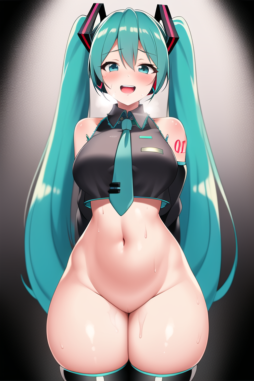 :d, 1girl, 1girls, 2d, ai generated, aqua eyes, aqua hair, aqua necktie, arms behind back, bangs, bare shoulders, big breasts, black shirt, black sleeves, black thighhighs, blue eyes, blue hair, blush, bottomless, breasts, collared shirt, color, cowboy shot, crop top, detached sleeves, eyebrows visible through hair, female, female only, groin, hair, hair between eyes, hair ornament, hatsune miku, headset, large breasts, light skin, light-skinned female, long hair, looking at viewer, navel, necktie, no panties, number tattoo, open mouth, pussy, shirt, sleeveless, sleeveless shirt, sleeves, smile, solo, sweat, tattoo, thick thighs, thighhighs, thighs, twintails, very long hair, vocaloid, wide hips