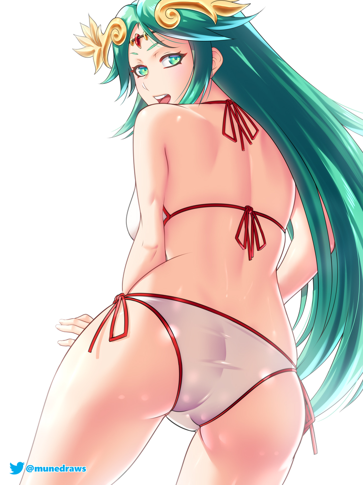 1girls, ass, back, backboob, big ass, big butt, big thighs, bikini, breasts, etchimune, female, female only, green eyes, green hair, kid icarus, laurel crown, light skin, light-skinned female, long hair, looking at viewer, looking back, looking back at viewer, nintendo, open mouth, palutena, sideboob, solo, string bikini, thick, thick ass, thick butt, thick hips, thick thighs, very long hair, white background, wide hips