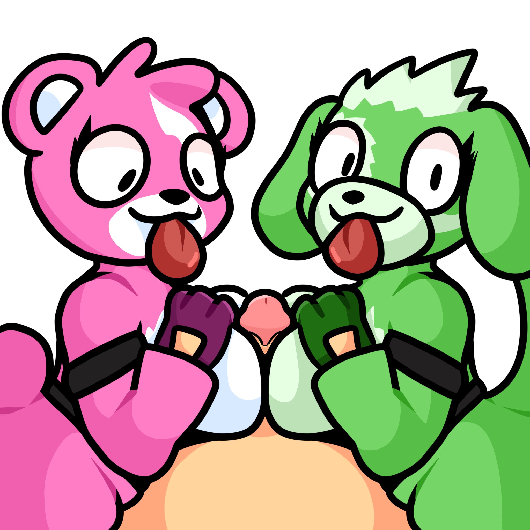 1boy, 2girls, animal head, bear, big breasts, breasts, canine, clover team leader, cuddle team leader, dog, double titfuck, female, first person view, fortnite, furry, gloves, green fur, lewdewott, looking at viewer, male, paizuri, penis, pink fur, simple background, titfuck, titjob, tongue, tongue out, ursid