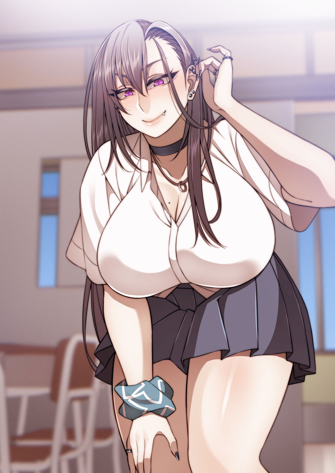 1girls, bent over, black nail polish, breasts, choker, cleavage, fang out, female, goth girl, huge breasts, iroha akutsu, korotsuke, light skin, light-skinned female, looking at viewer, pale skin, pale-skinned female, piercings, school uniform, schoolgirl, seductive smile, skirt, solo, the creepy glasses girl, thick thighs