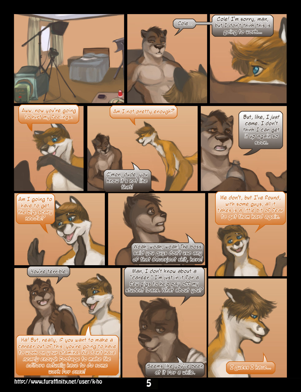 ajax_(k-ho) anthro bed bed_sheet bedding bedroom black_border blue_eyes border bottle brown_body brown_eyes brown_fur brown_hair camera canid canine colby_(k-ho) comic container curtains curtains_open dialogue duo english_text fox fur furaffinity_username furniture hair hi_res inside k-ho lights male mammal multicolored_body multicolored_fur mustelid nude open_mouth orange_body orange_fur otter page_5 page_number pillow pink_tongue porn_studio simple_background sitting studio text tongue towel tripod two_tone_body two_tone_fur white_body white_fur