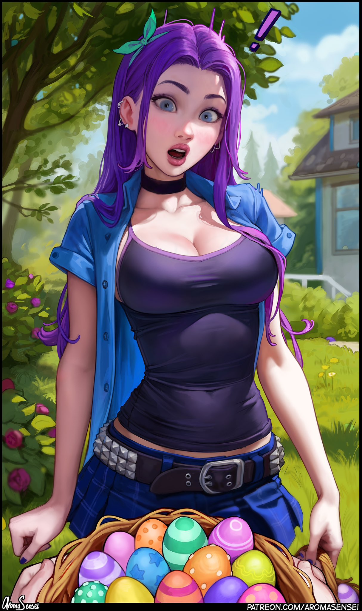 !, 1girls, abigail (stardew valley), aroma sensei, big breasts, breasts, busty, curvaceous, curvy, curvy figure, digital media (artwork), easter egg, egg, eyebrows, eyelashes, eyes, female, female focus, fit, fit female, hair, hips, hourglass figure, huge breasts, human, large breasts, legs, light skin, light-skinned female, lips, mature, mature female, outdoors, purple hair, skirt, standing, stardew valley, thick, thick legs, thick thighs, thighs, top heavy, upper body, voluptuous, waist, wide hips