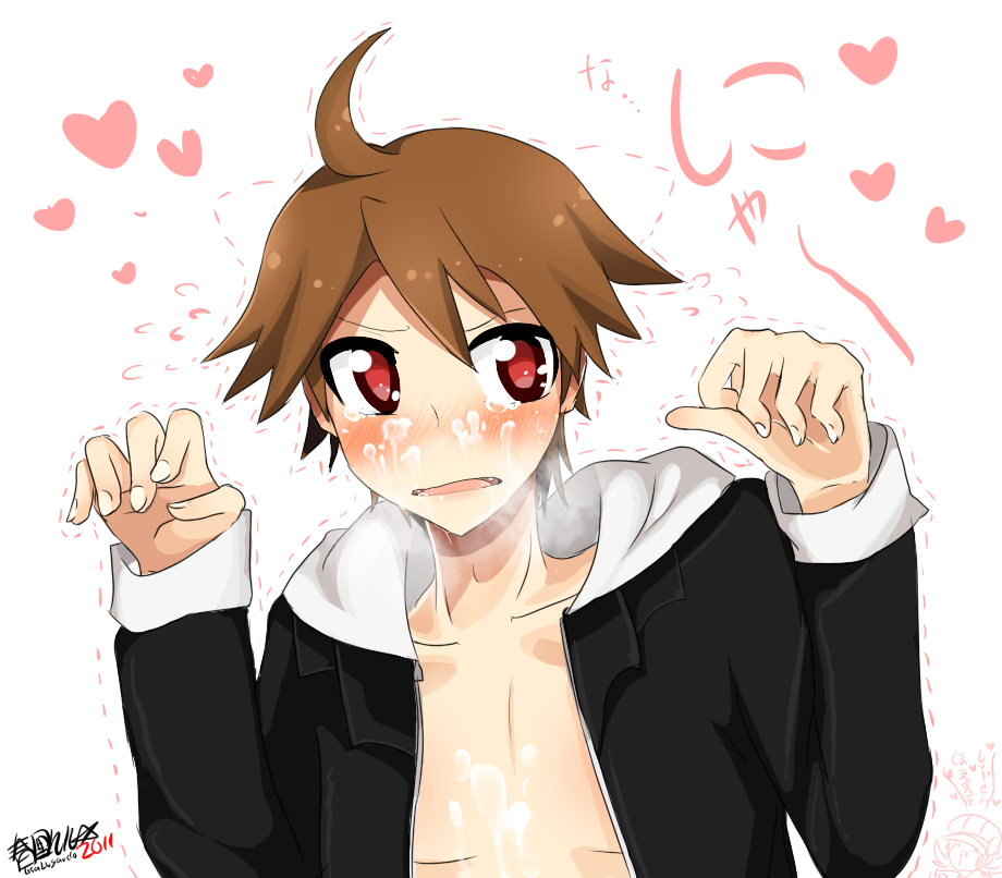 ^p^ brown_hair cum facial heart nya pokemon red_(pokemon) red_eyes yaoi