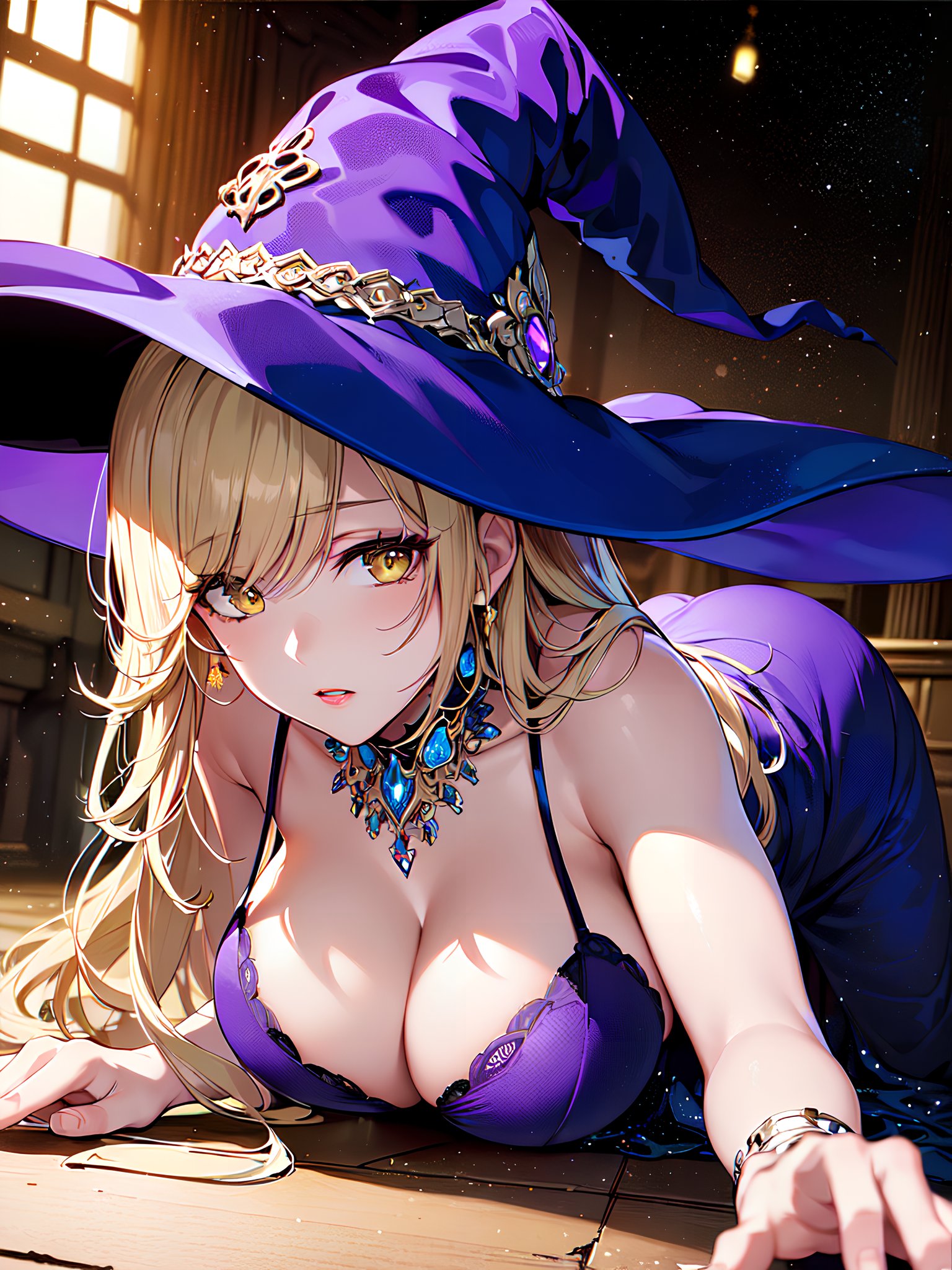 1girls, ai generated, big breasts, breasts, curvaceous, curvy female, curvy figure, dress, female, hi res, older female, seductive look, stable diffusion, underwear, voluptuous, voluptuous female, witch, witch hat, wizard hat