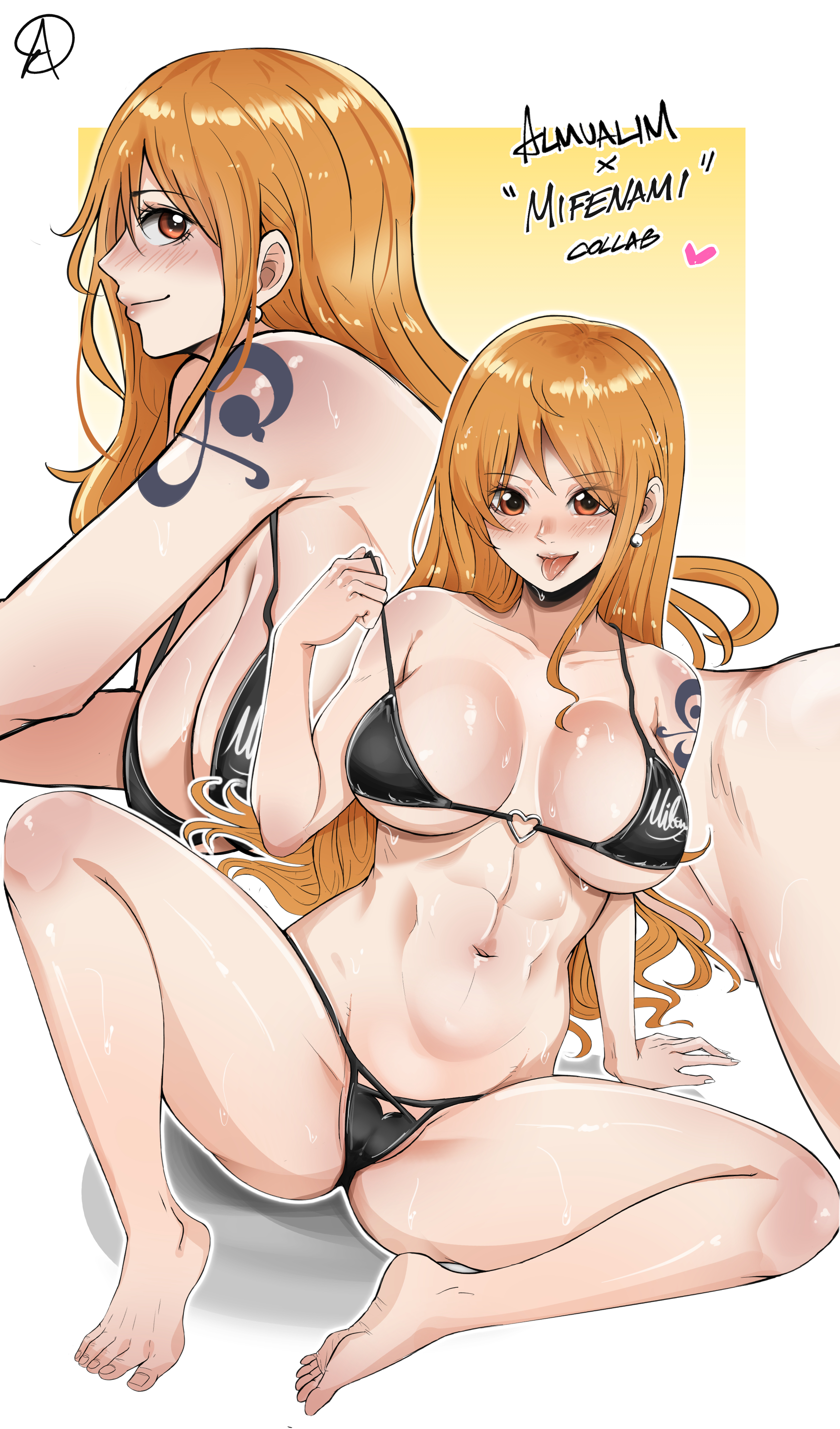 1girls, abs, absurd res, almualim, arm tattoo, artist signature, barefoot, bikini, black bikini, blue tattoo, blush, breasts, clothing, collaboration, feet, female, female only, hi res, huge breasts, light skin, light-skinned female, long hair, mifenami, nami (one piece), naughty face, navel, one piece, orange hair, orange-haired female, post-timeskip, simple background, smile, soles, tattoo, thick thighs, toned