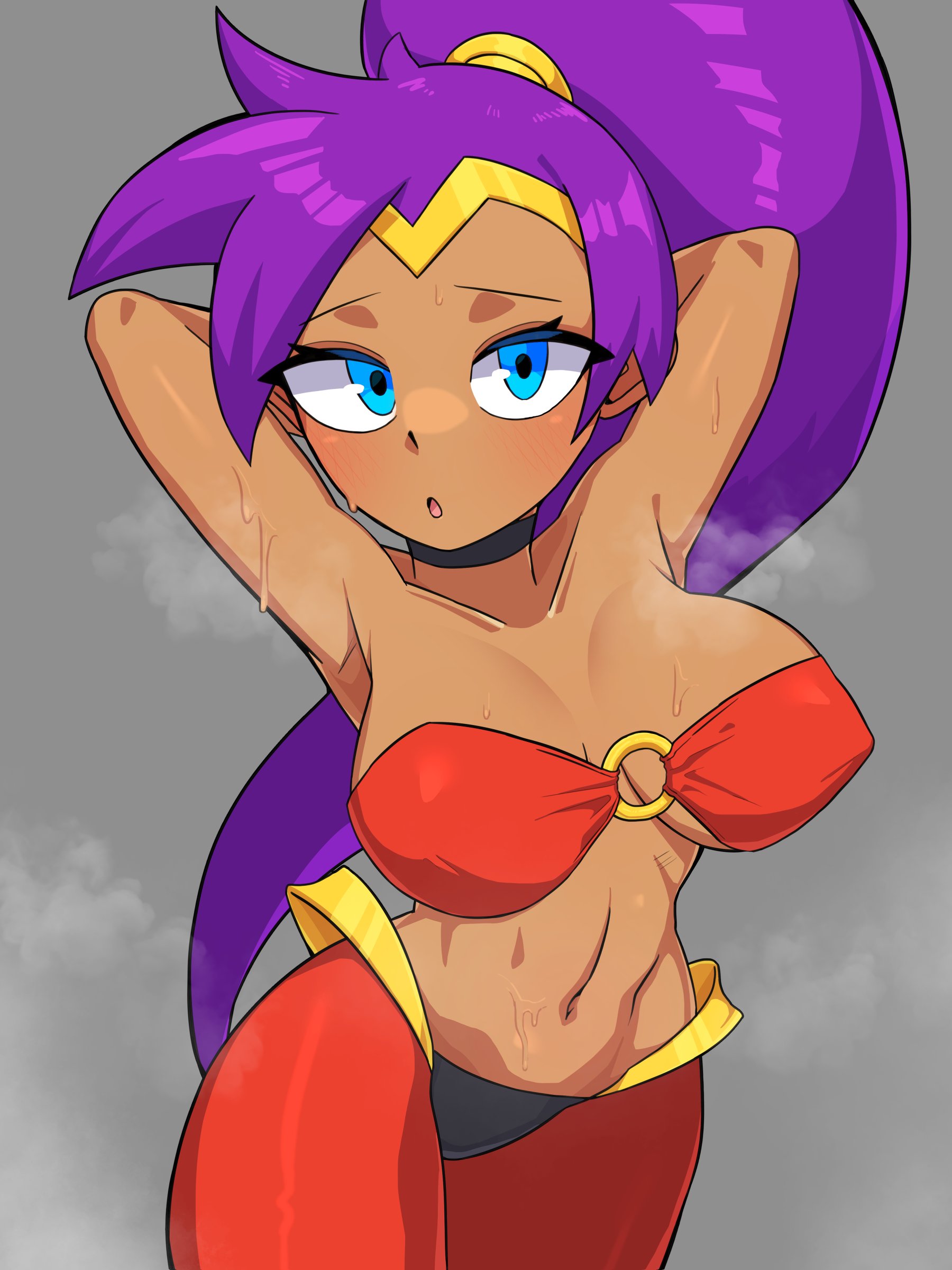 1girls, alternate version available, big breasts, blue eyes, bottomwear, breasts, cleavage, female, female only, hair, hands behind head, huge breasts, painting fish, pointy ears, purple hair, shantae, shantae (character), smooth skin, solo, solo female, sweat, sweatdrop, sweaty, topwear