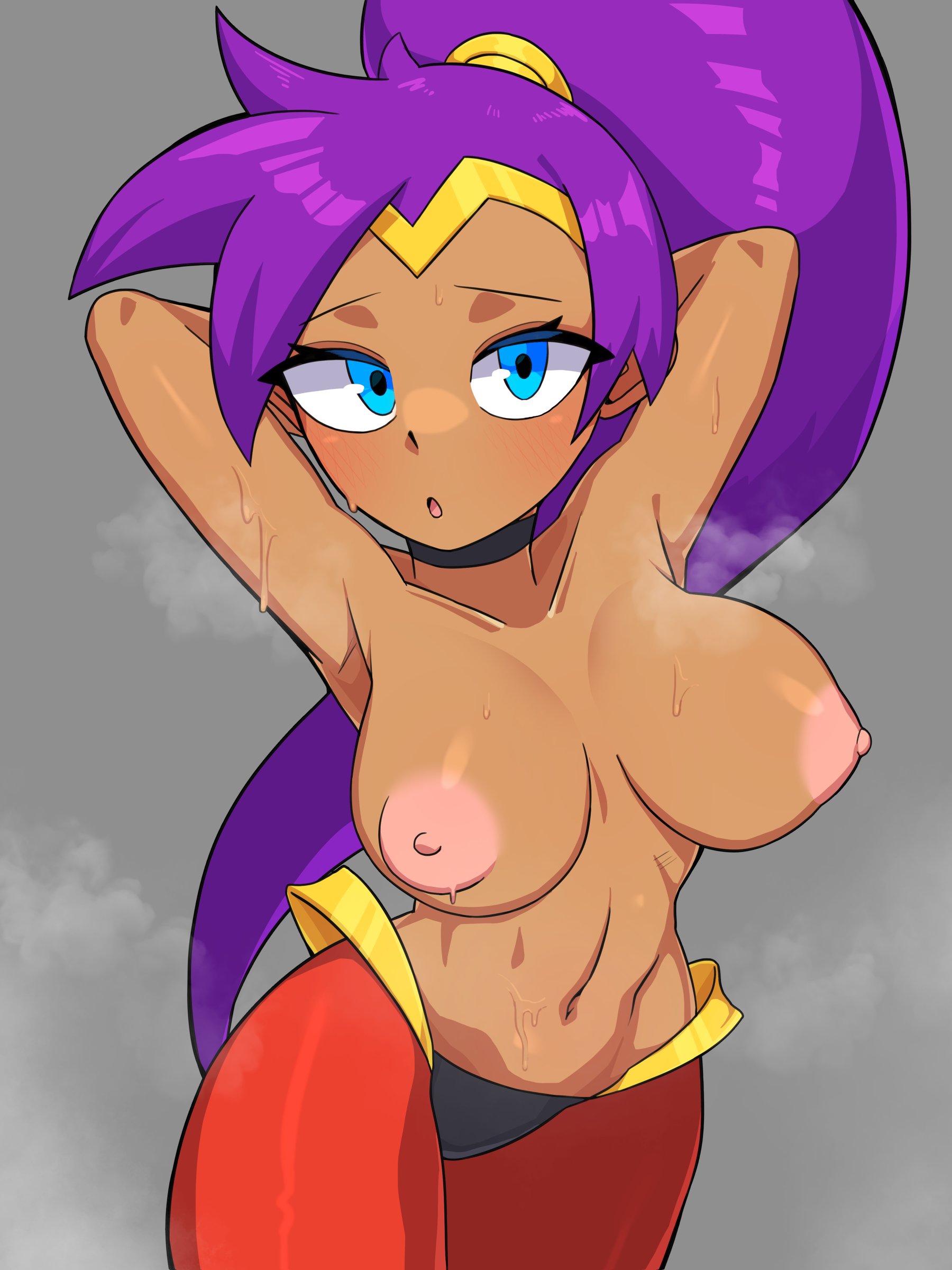 1girls, alternate version available, areolae, armpits, big breasts, blue eyes, bottomwear, breasts, breasts out, cleavage, exposed breasts, female, female only, hair, hands behind head, horny, huge breasts, large breasts, nipples, painting fish, pointy ears, purple hair, seductive, shantae, shantae (character), smaller female, smooth skin, solo, solo female, suggestive, sweat, sweatdrop, sweaty, topless