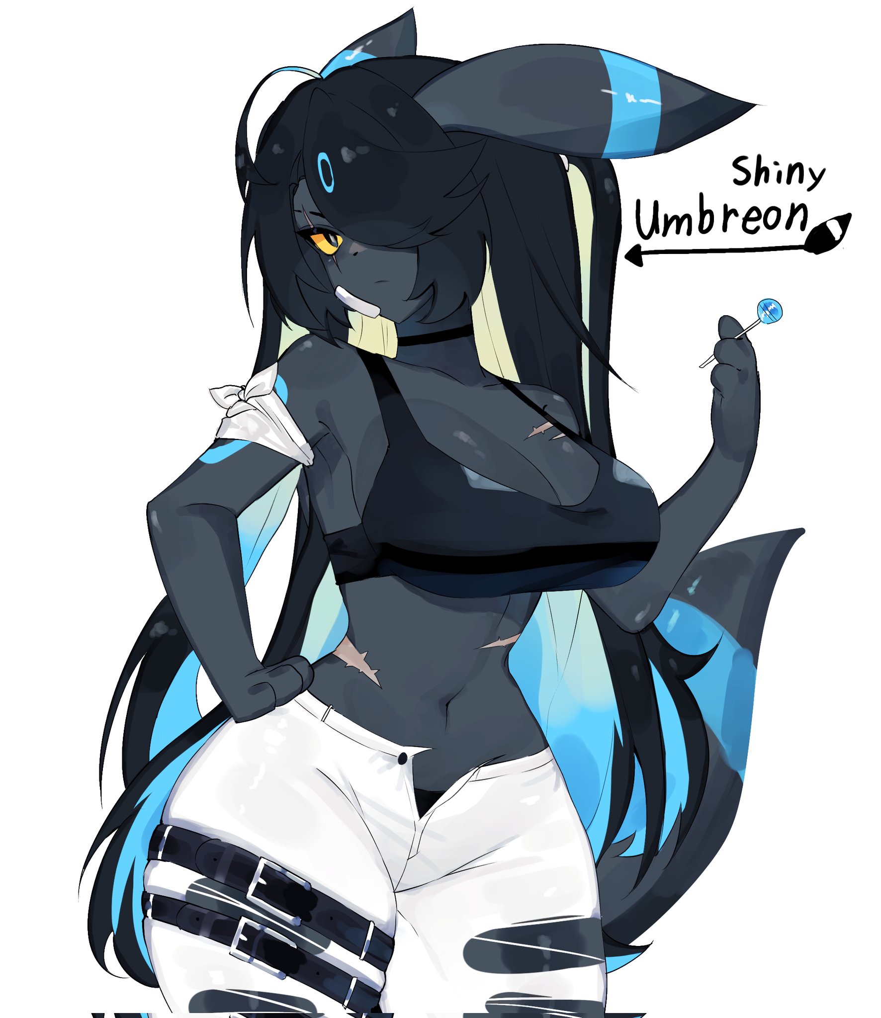 anthro, big breasts, black eyes, black hair, blue hair, bottomwear, breasts, candy, cleavage, clothed, clothing, cute, cute face, dessert, eeveelution, eye scar, facial scar, female, female only, food, hair, hair over eye, hi res, holding candy, holding food, holding lollipop, holding object, lollipop, long hair, multicolored hair, navel, nintendo, one eye obstructed, pants, pokemon, pokemon (species), scar, shiny pokemon, solo, solo female, togetoge, umbreon, white bottomwear, white clothing, white pants, yellow sclera