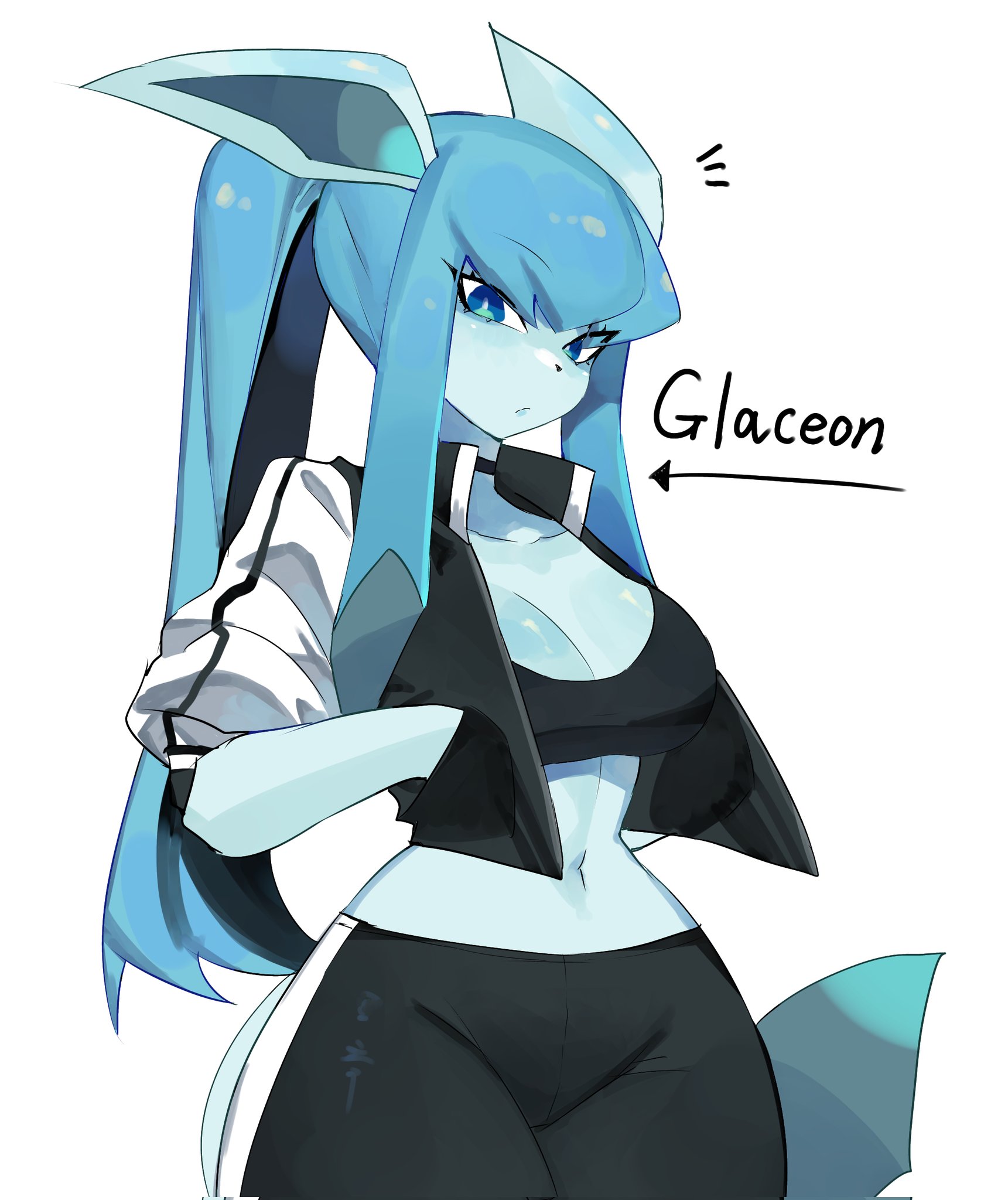 anthro, big breasts, black bottomwear, black clothing, black shorts, blue eyes, blue hair, bottomwear, bra, breasts, choker, cleavage, clothed, clothing, collarbone, cute, cute face, eeveelution, female, female only, glaceon, hair, hi res, jewelry, long hair, navel, necklace, nintendo, pokemon, pokemon (species), shorts, solo, solo female, sports bra, togetoge, underwear
