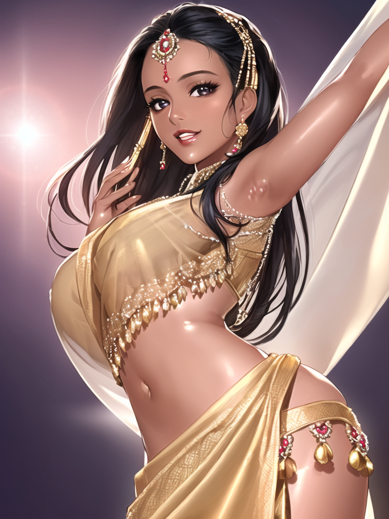 1girls ai_generated big_ass big_breasts black_eyes black_hair curvaceous dancer dancer_outfit dancing dark-skinned_female earrings exotic hair_ornament harem_girl harem_outfit highres indian indian_female jewelry juicy_lips lips midriff navel sari shiny_skin side_view smile smiling_at_viewer stable_diffusion