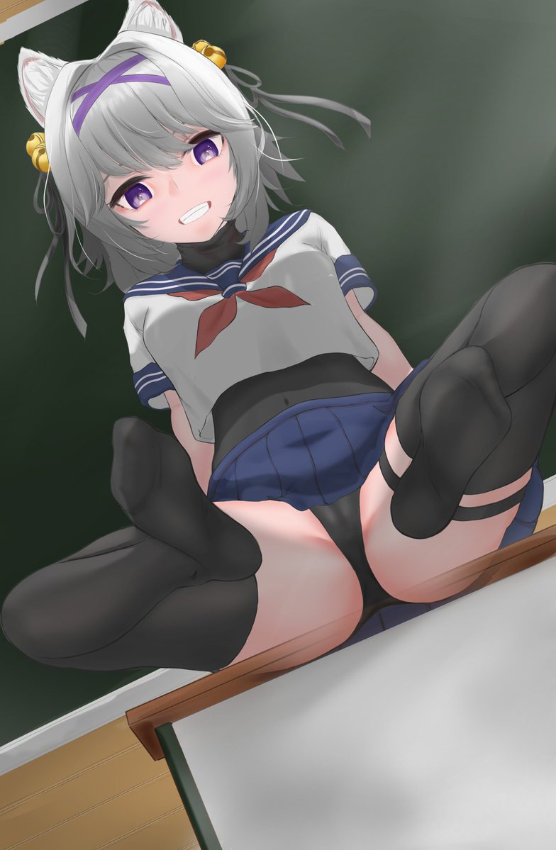 1girls animal_ear_fluff animal_ears black_panties breasts cat_ears catgirl classroom feet feet_up filian filian_(vtuber) foot_fetish footwear hi_res indie_virtual_youtuber kimuzukasipan2 legs_apart legs_up leotard leotard_under_clothes purple_eyes pussy school school_uniform schoolgirl short_hair skirt smile solo solo_focus spread_legs thick_thighs thighhighs thighs toes virtual_youtuber white_hair