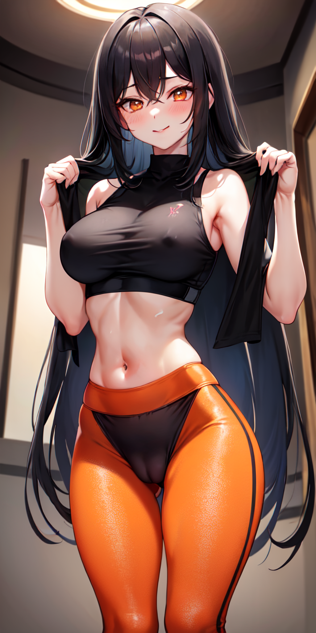 1girls ai_generated black_hair blush breasts bulging_breasts cameltoe highres indoors leggings legwear long_hair looking_at_viewer medium_breasts nipple_bulge orange orange_eyes orange_leggings orange_legwear slim_waist smile smiling smiling_at_viewer sports_bra sportswear stable_diffusion standing thick_thighs thighs tight_clothing tight_fit wide_hips