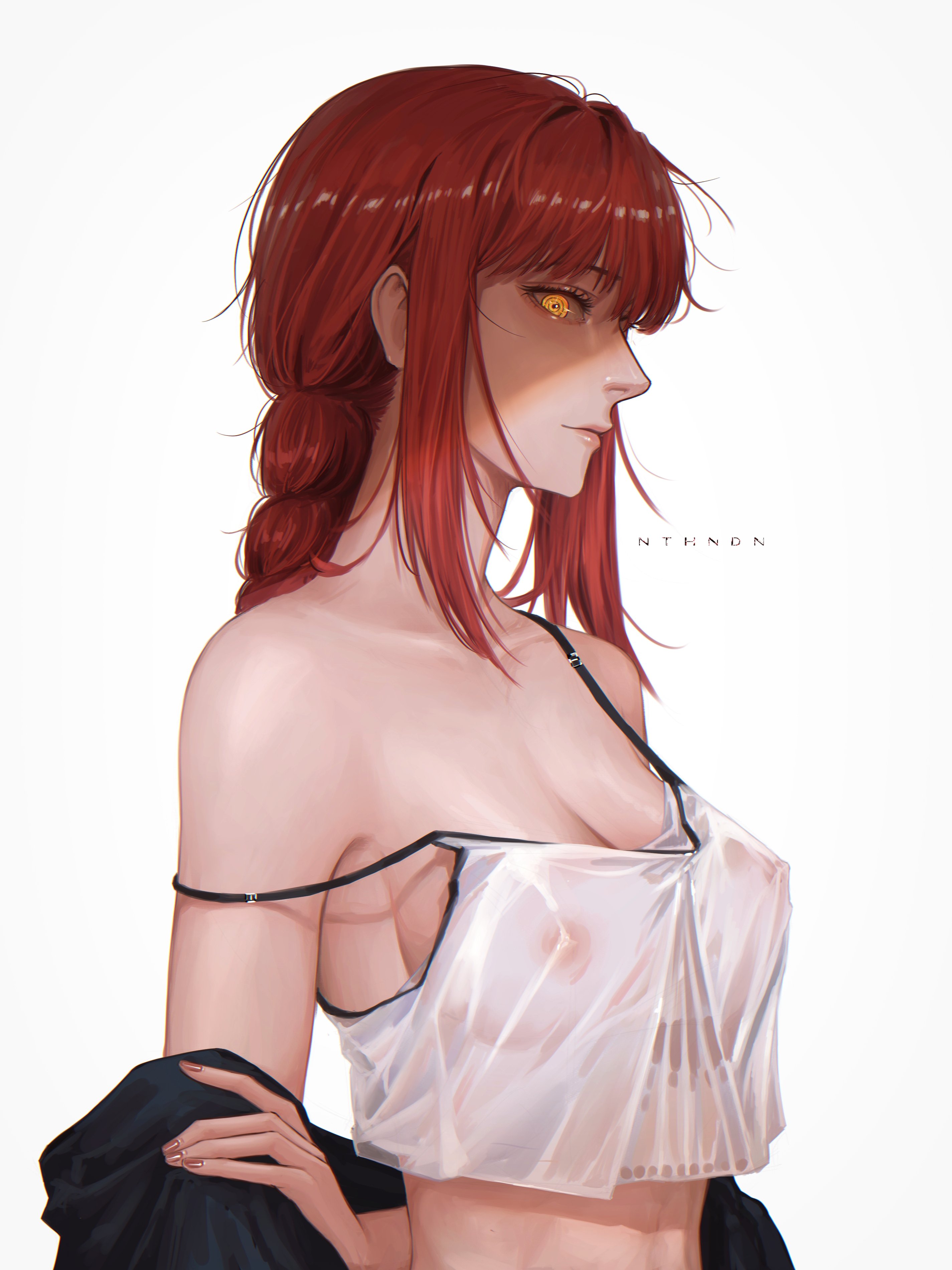 1girls, breasts, chainsaw man, cleavage, completely nude, crop top, female, large breasts, looking at viewer, loose clothes, makima (chainsaw man), nipples, nthndn, nude, nude female, red hair, see-through, see-through clothing, solo female, strap slip, undressing, yellow eyes