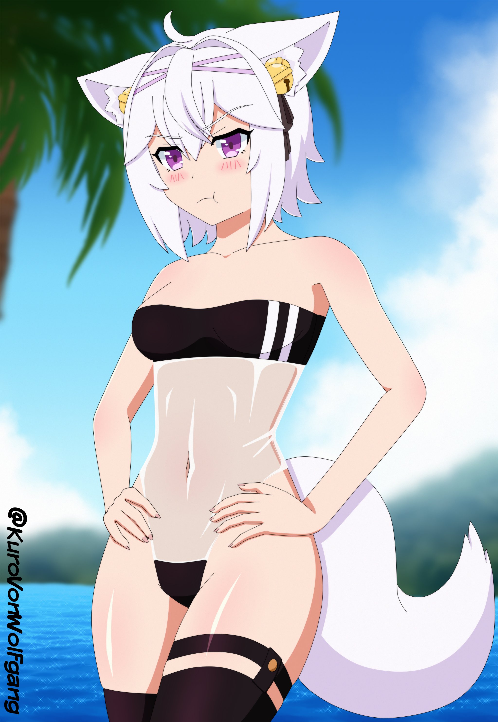animal ear fluff, animal ears, annoyed, annoyed expression, arms on waist, bare arms, bare shoulders, beach, belly, belly button, bikini, black panties, blush, bra, breasts, cat ears, cat girl, cat tail, catgirl, earrings, female, filian, filian (vtuber), fluffy, fluffy tail, gris swimsuit, hair ornament, highres, indie virtual youtuber, jewelry, kurovonwolfgang, outdoors, outside, purple eyes, rindo (vrchat), short hair, stomach, tail, thick thighs, thighhighs, thighs, underwear, virtual youtuber, vtuber, water, watermark, white hair
