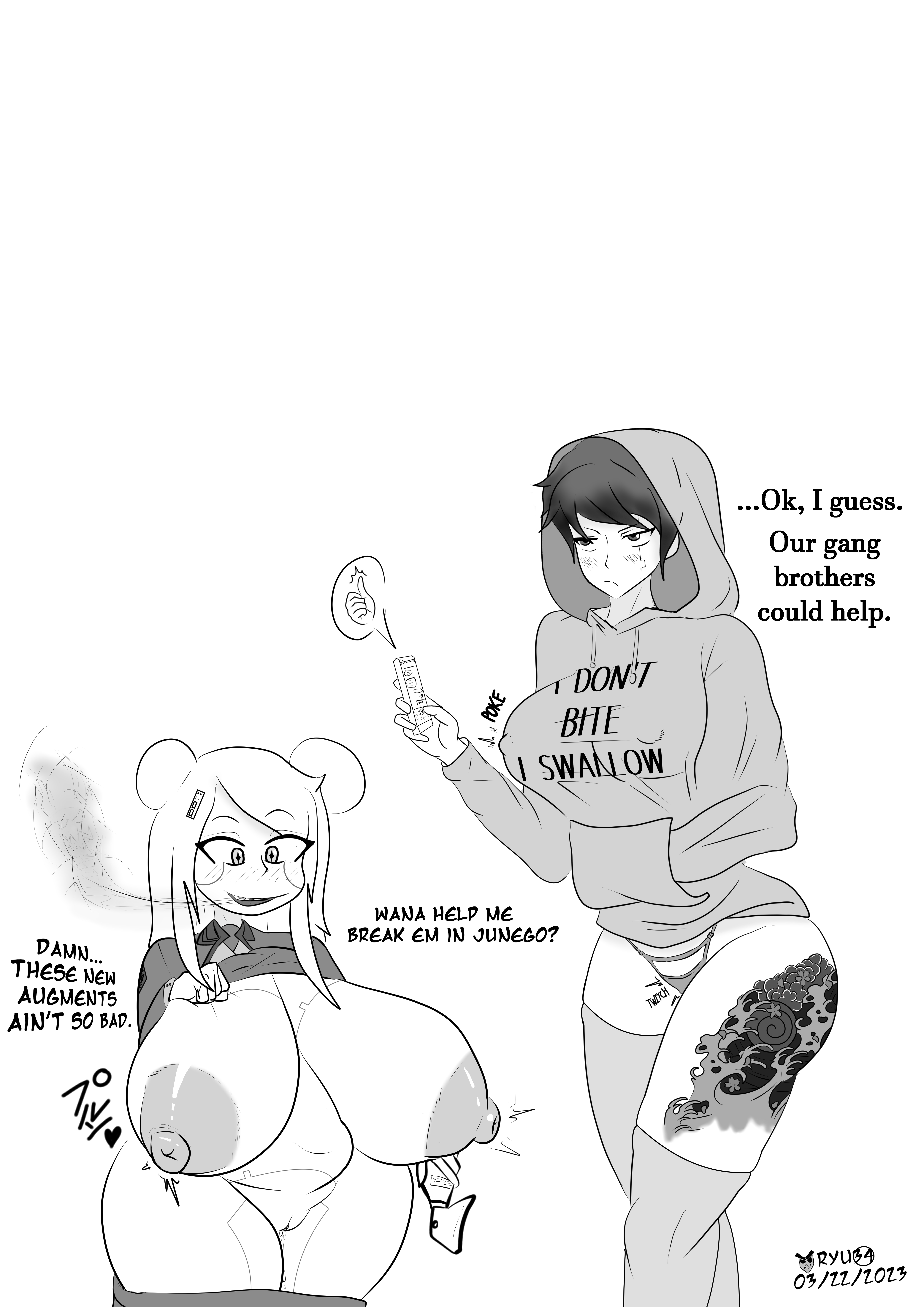 2girls, ass, augmentation, bottomless, breasts, cybernetics, cyberpunk, dialogue, female, hairbuns, hard nipples, hoodie, huge ass, huge breasts, imminent sex, japanese text, large breasts, monochrome, nipples visible through clothing, panties, ryu34, shortstack, stockings, tattoo, text, topless, wardrobe malfunction