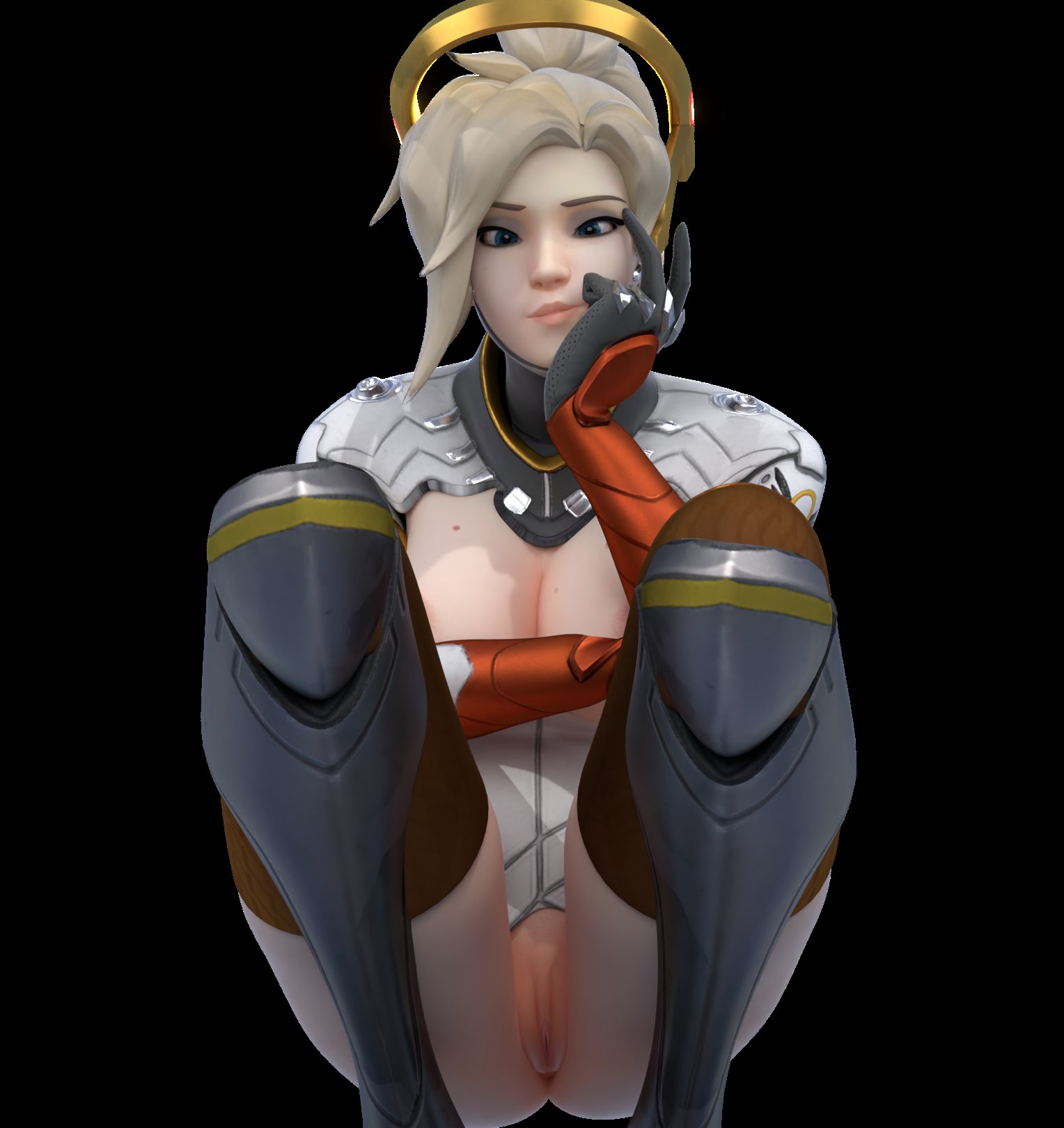 1girls, 3d, blonde hair, blue eyes, crouching, exposed pussy, female, female only, looking at viewer, lowres, mercy, no panties, overwatch, overwatch 2, pussy, rwt4184, solo, thighhighs