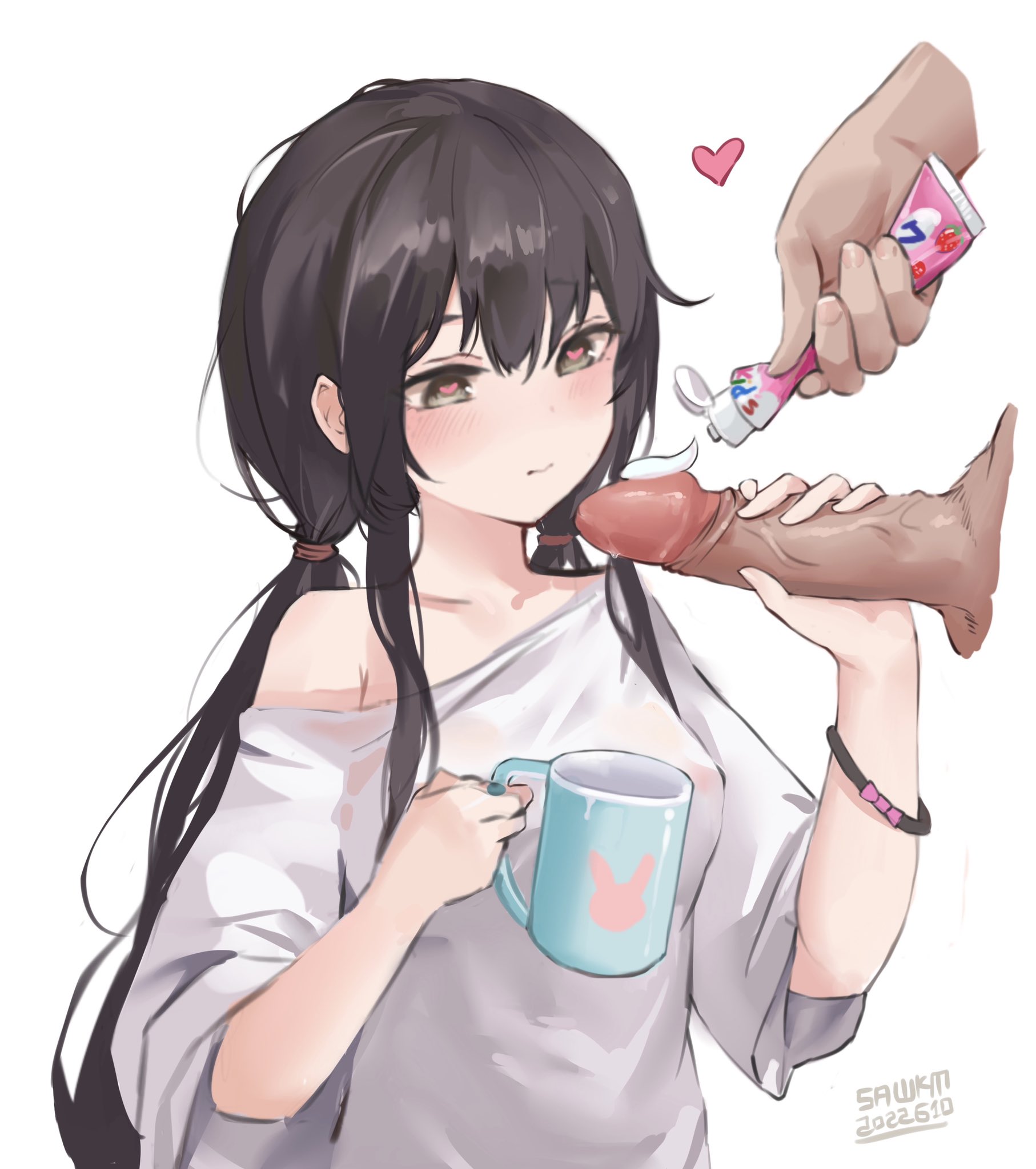 1boy, 1girls, black hair, blush, boy, bracelet, cock, cup, dick, female, female focus, female/male, hand on penis, heart, horny, horny female, long hair, looking at penis, male, male/female, penis, penis grab, penis out, sawkm, toothbrush