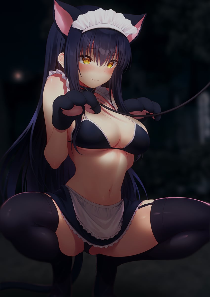 1girls absurdres animal_ears animal_hands apron ass bikini black_bikini black_collar black_hair black_skirt black_thighhighs blurry blurry_background blush breasts cat_ears cat_tail closed_mouth collar exhibitionism female frills garter_straps hair_between_eyes highres kushima_kamome large_breasts leash light-skinned_female light_skin long_hair maid_bikini maid_headdress miniskirt momihige_(mo3hig3) navel night nose_blush offscreen_character outdoors paw_pose pet_play pleated_skirt public_indecency skirt solo spread_legs squatting stomach summer_pockets swimsuit tail thighhighs very_long_hair waist_apron white_apron yellow_eyes