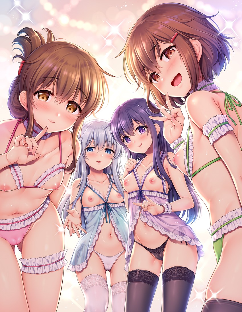 4girls :d :q akatsuki_(kantai_collection) alternate_costume areolae ass_visible_through_thighs babydoll babydoll_lift bare_arms bare_shoulders black_legwear black_panties blue_eyes blush bra breasts bridal_garter brown_hair cameltoe choker closed_mouth collarbone commentary_request cupless_babydoll cupless_bra finger_to_mouth folded_ponytail frilled_bra frilled_panties frills green_panties grey_hair groin hair_between_eyes hair_ornament hairclip hibiki_(kantai_collection) highres ikazuchi_(kantai_collection) inazuma_(kantai_collection) kantai_collection lace lace-trimmed_legwear lace-trimmed_panties lace_trim leaning_forward lifted_by_self lingerie long_hair looking_at_viewer multiple_girls navel nipples open_mouth panties pink_panties purple_eyes purple_hair saliva saliva_trail sasachin_(k+w) see-through shiny short_hair side-tie_panties simple_background skindentation small_breasts smile sparkle standing stomach take_your_pick thighhighs thighs tongue tongue_out underwear underwear_only verniy_(kantai_collection) white_panties white_thighhighs