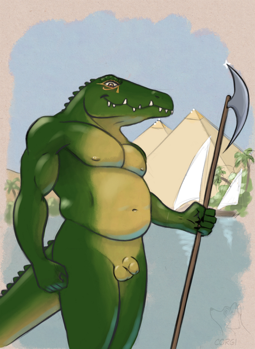 anthro axe balls belly biceps boat corgi_(artist) crocodile crocodilian crocodylid egyptian egyptian_god fangs genitals green_body green_scales half-erect male navel nile nile_crocodile nipples nude palm_tree pecs penis plant pyramid reptile scales scalie small_penis sobek solo tail teeth tree vehicle water watercraft yellow_body yellow_eyes yellow_scales