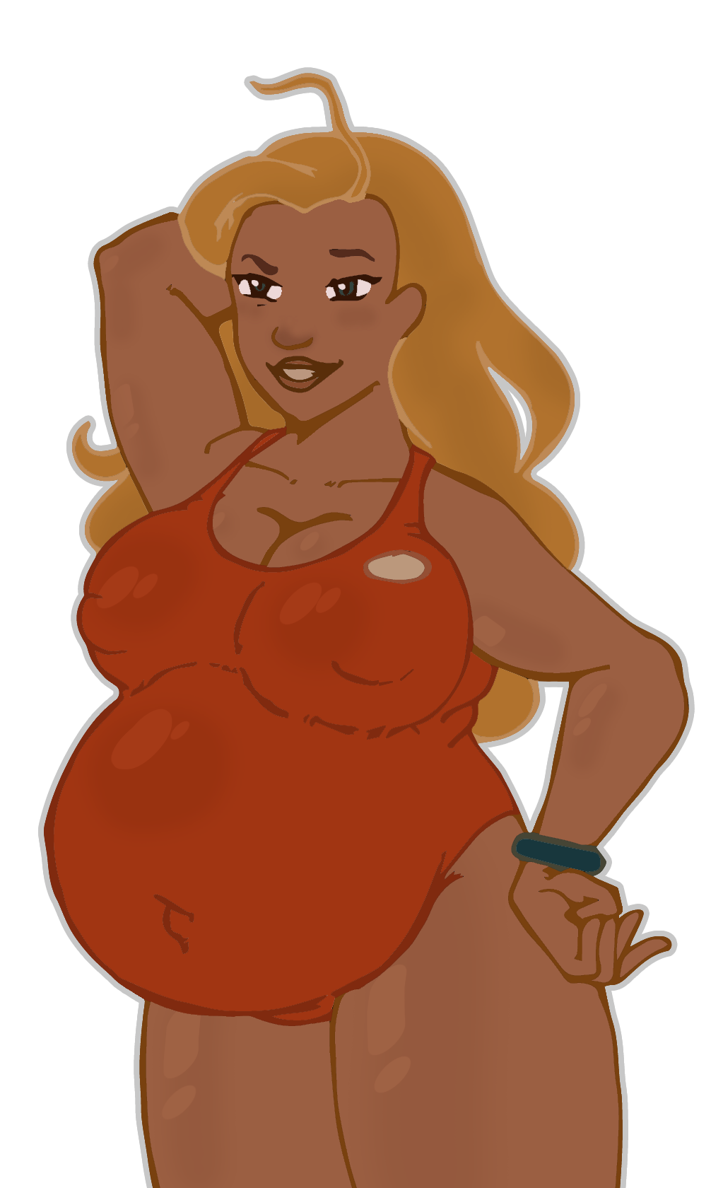 belly big_belly big_breasts blonde_hair breasts cleavage clothing dark-skinned_female dark_skin female human lifeguard lifeguard_(lilo_and_stitch) lilo_and_stitch nasuokaa-san nipple_bulge one-piece_swimsuit pregnant swimwear wristwear