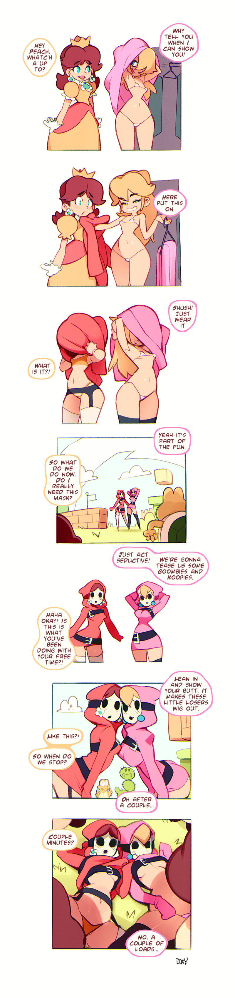 2girls bra comic cosplay dialogue doxy dress_lift english_text getting_dressed goomba imminent_rape imminent_sex koopa mario_(series) mask nintendo panties pokey_(mario) princess_daisy princess_peach shirt_lift shy_gal shy_gal_(cosplay) small_breasts speech_bubble stockings super_mario_bros. tagme text