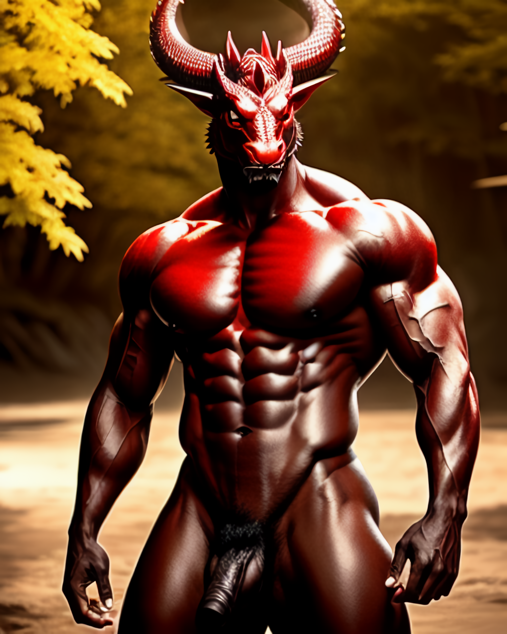 abs ai_generated dragon dragon_horns dragon_male humanoid_genitalia humanoid_penis male_focus male_only muscles muscular muscular_male penis red_body red_hair red_skin scales veiny_muscles zerjailes