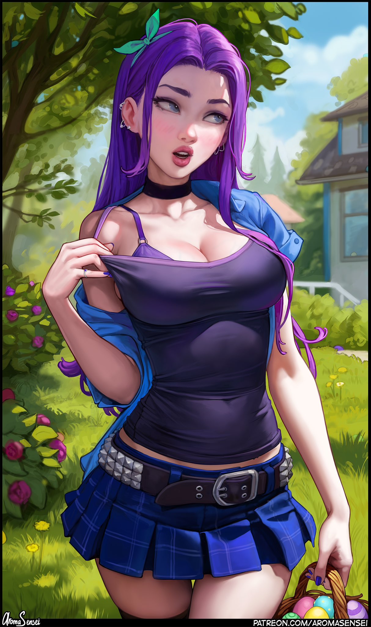 1girls, abigail (stardew valley), aroma sensei, big breasts, bikini, bikini under clothes, blush, bra, breasts, busty, choker, clothes pull, curvaceous, curvy, curvy figure, digital media (artwork), easter egg, egg, eyebrows, eyelashes, eyes, female, female focus, female only, fit, fit female, hair, hair ornament, hips, hourglass figure, huge breasts, human, large breasts, legs, light skin, light-skinned female, lips, long hair, looking away, makeup, mature, mature female, miniskirt, outdoors, painted nails, piercing, purple bikini top, purple hair, skirt, solo, solo female, standing, stardew valley, thick, thick legs, thick thighs, thighhighs, thighs, tight clothing, top heavy, undressing, upper body, voluptuous, waist, wide hips