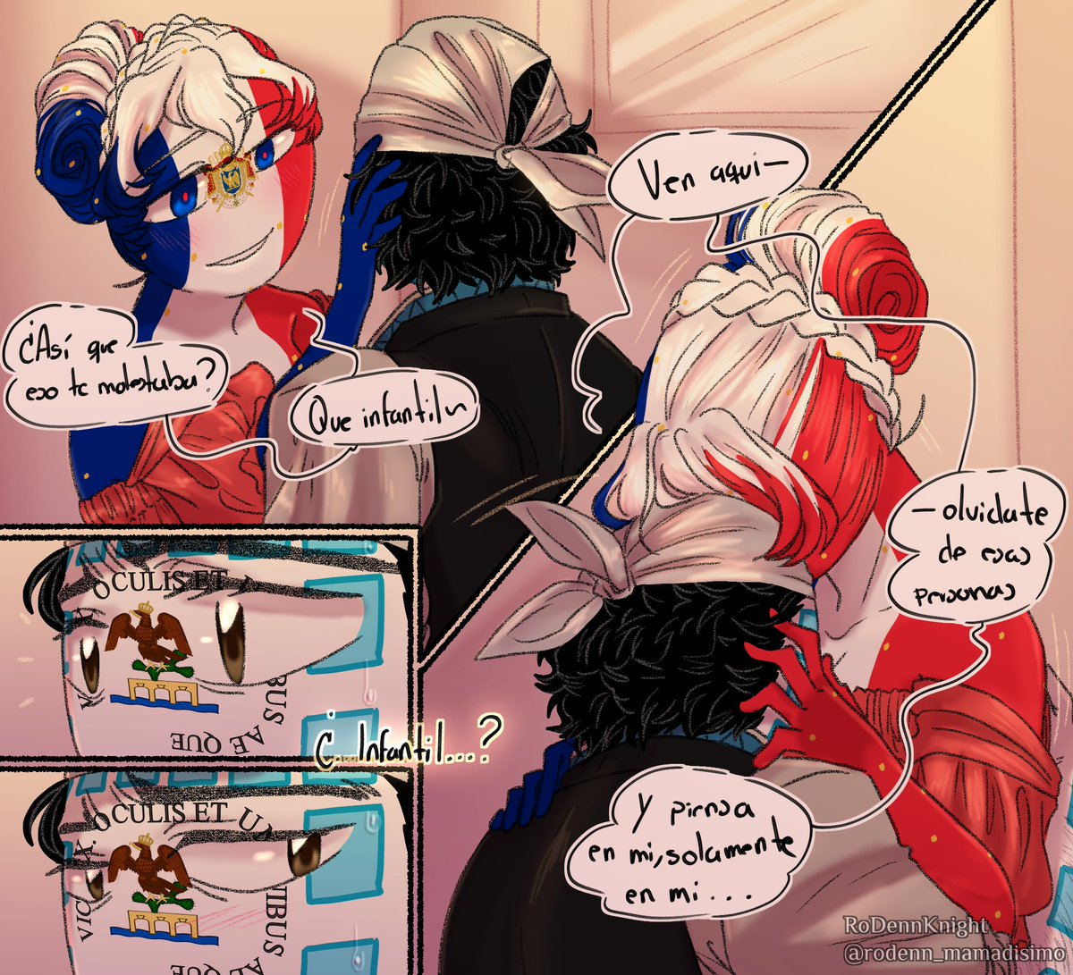 1boy 1futa clothing comic_page comic_panel countryhumans countryhumans_girl duo duo_focus estandarte_de_morelos_(countryhumans) french_empire_(countryhumans) futanari male multicolored_body multicolored_hair multicolored_skin rodenn_mmdisimo spanish_text text