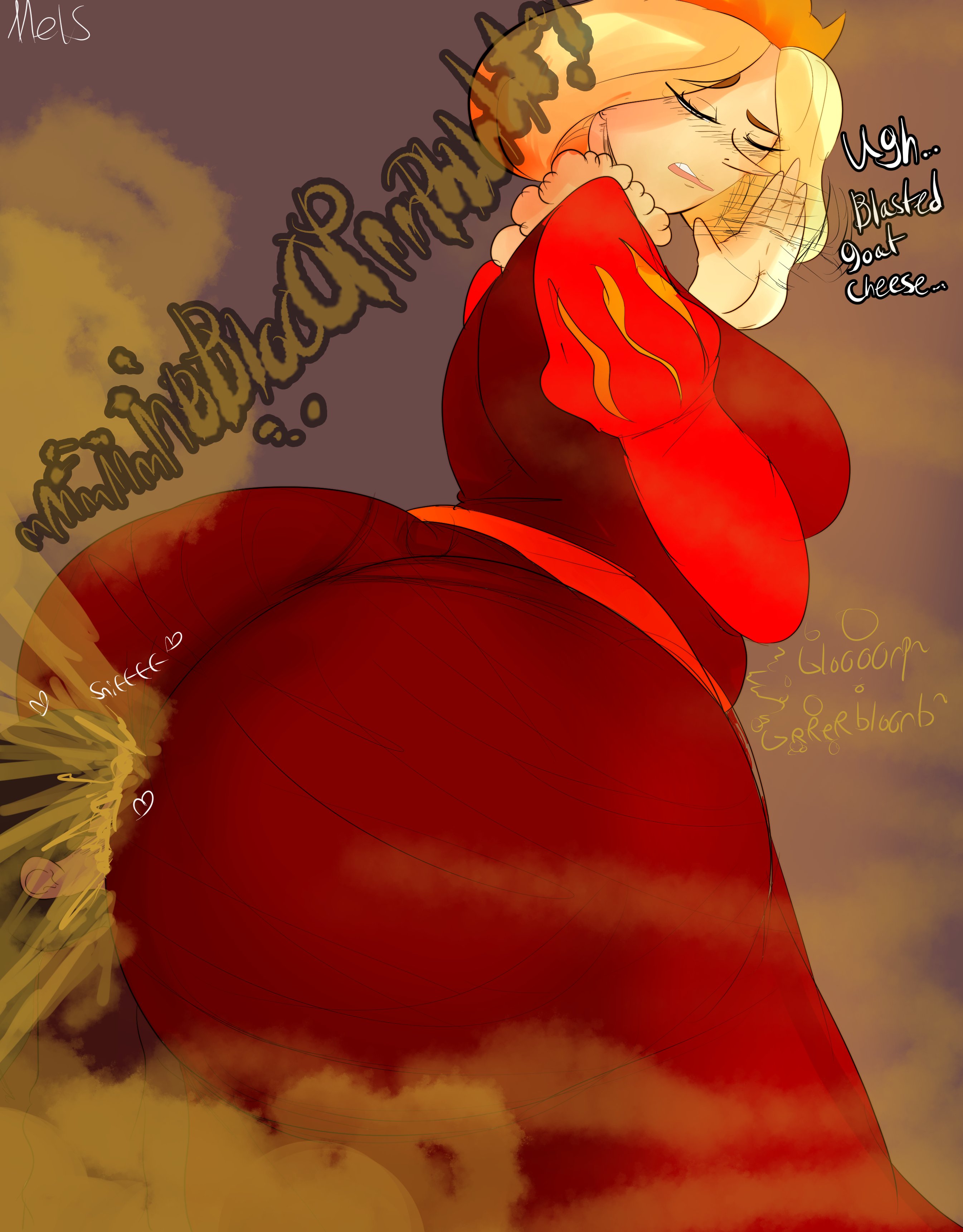 2girls, against wall, ass, ass in dress, ass sniffing, big ass, big butt, blonde hair, brown hair, dress, english text, enjoying farts, face in ass, fart, fart cloud, fart fetish, fart sniffing, farting, farting in face, female, female only, heart, huge ass, huge butt, melissaalli, multiple females, multiple girls, one eye closed, ousama ranking, pointy nose, queen hilling, red dress, side view, sniffing, sniffing ass, text, thick thighs, yuri