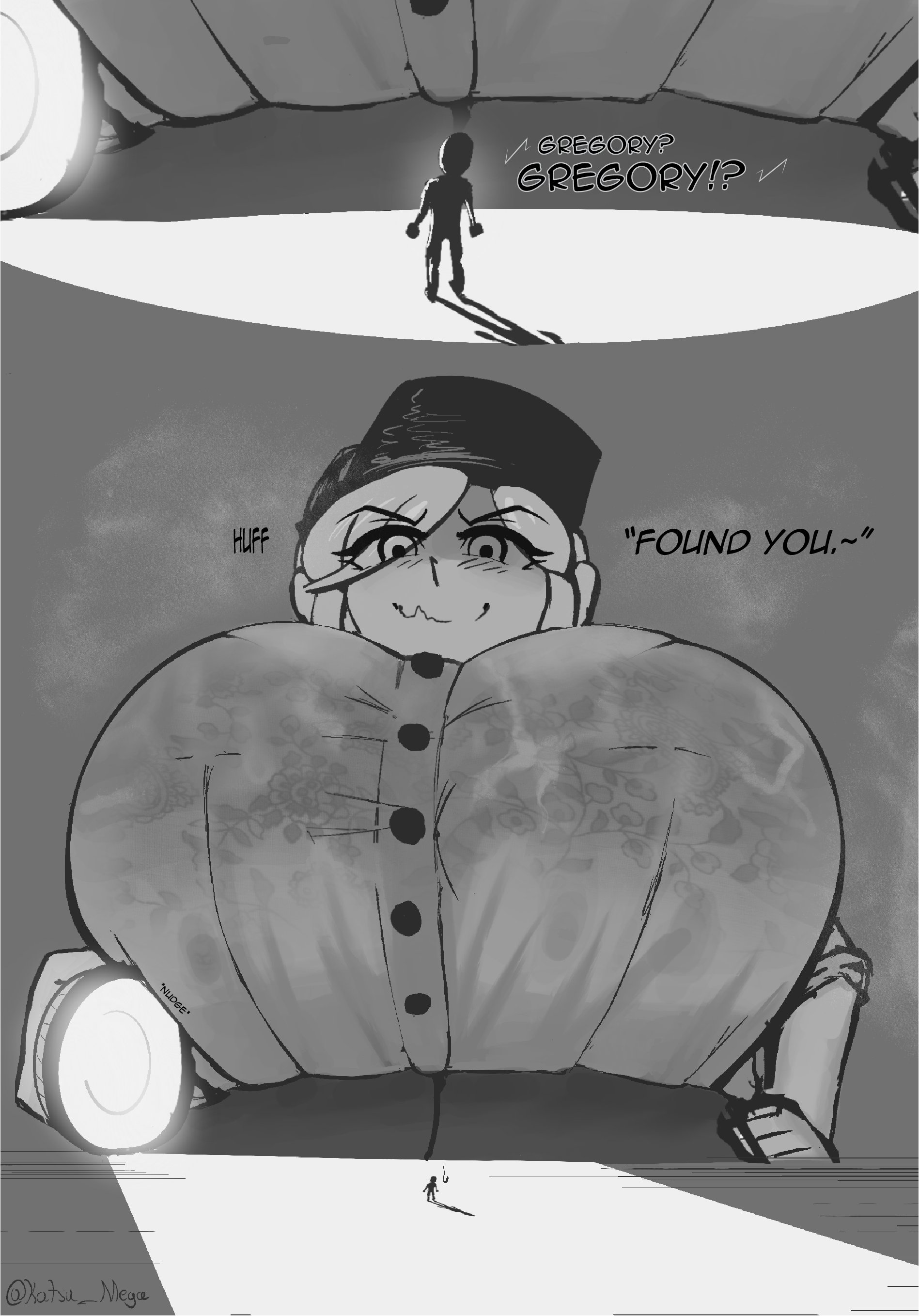 black and white, breasts, female, five nights at freddy's, five nights at freddy's: security breach, flashlight, giant breasts, giantess, huge breasts, katsu mega, male, micro male, nervous, nervous smile, security guard, vanessa (fnaf), wet clothes
