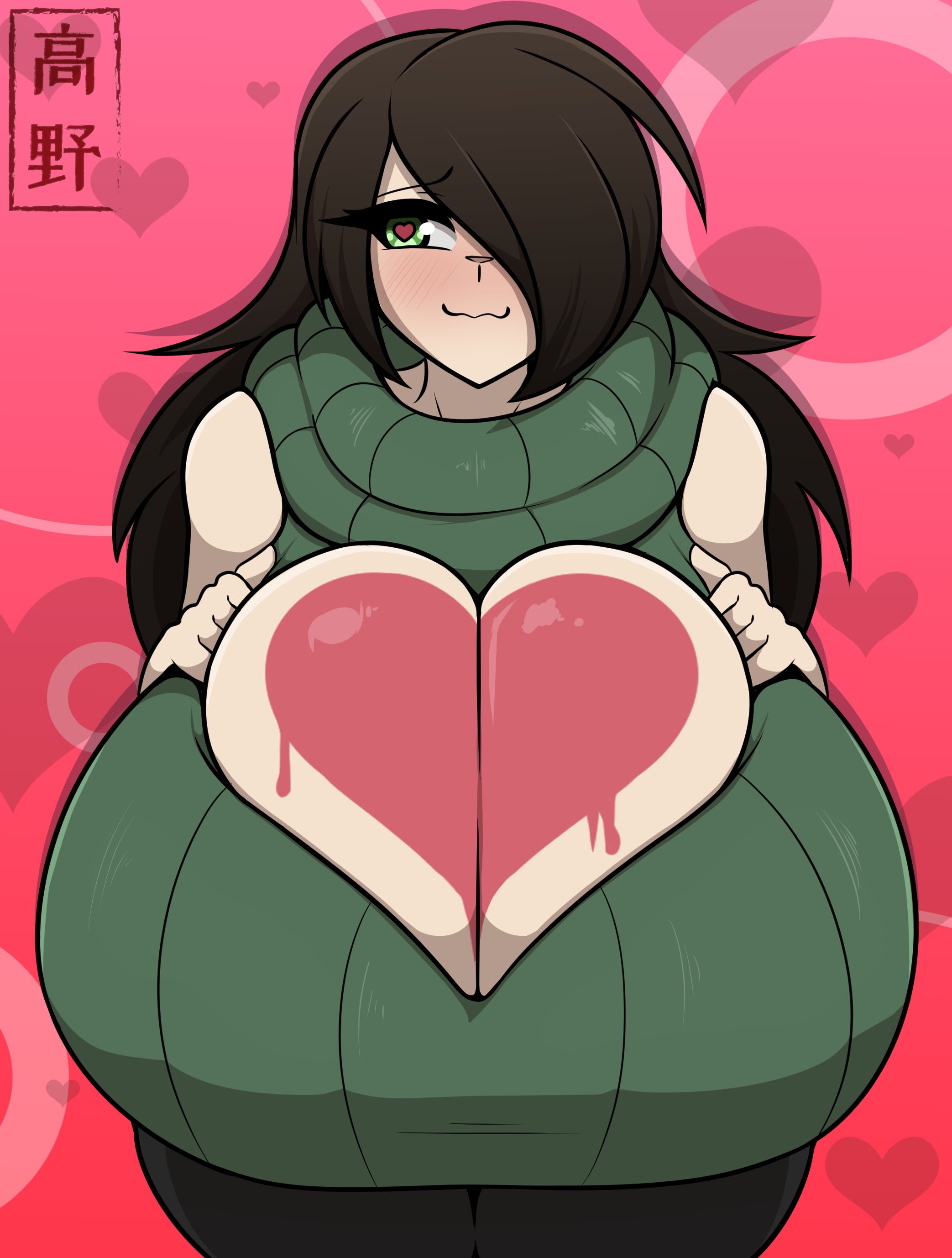 blush, breasts, brown hair, female, gigantic breasts, green sweater, heart, presenting breasts, solo, takano (artist), vannie (takano), wholesome