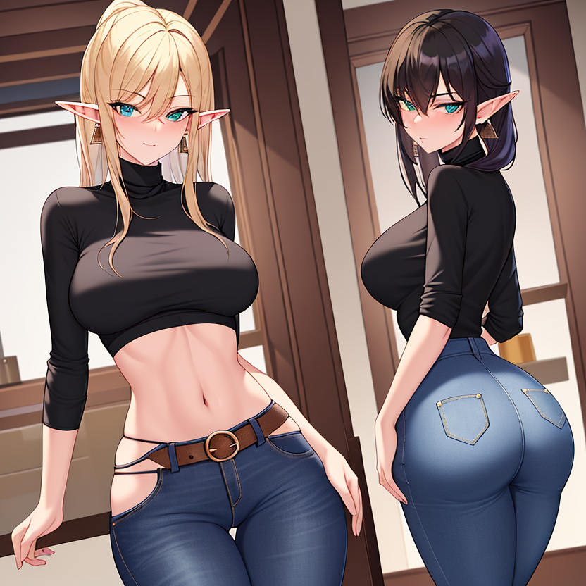 2girls ai_generated alborewimi ass belly belt big_ass big_butt black_hair black_shirt blonde_hair blue_jeans blush denim earrings elf elf_ears female green_eyes indoors jeans light-skinned_female long_hair looking_at_viewer nai_diffusion naughty_face pawg pockets pointy_ears round_ass round_butt showing_ass showing_off slim_waist slutty_outfit stable_diffusion standing stomach suggestive taut_shirt thick_ass tight_clothing tight_jeans turtleneck