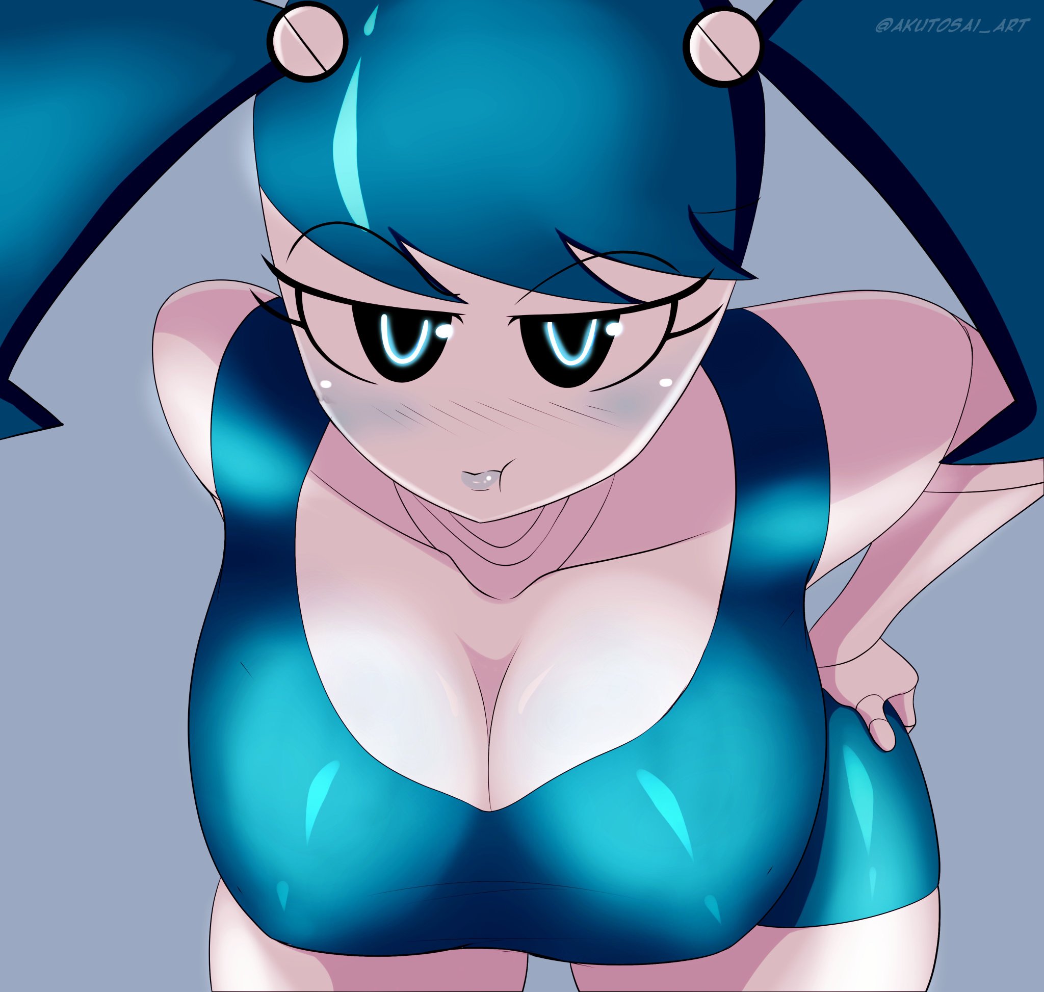 1girls, akutosai art, bent over, big breasts, blue hair, blush, blush lines, breasts, cleavage, eyebrows, eyelashes, female, female only, hands on hips, hanging breasts, jenny wakeman, large breasts, leaning forward, looking at viewer, my life as a teenage robot, nickelodeon, ponytails, pout, pouting, robot, robot girl, white skin, xj-9