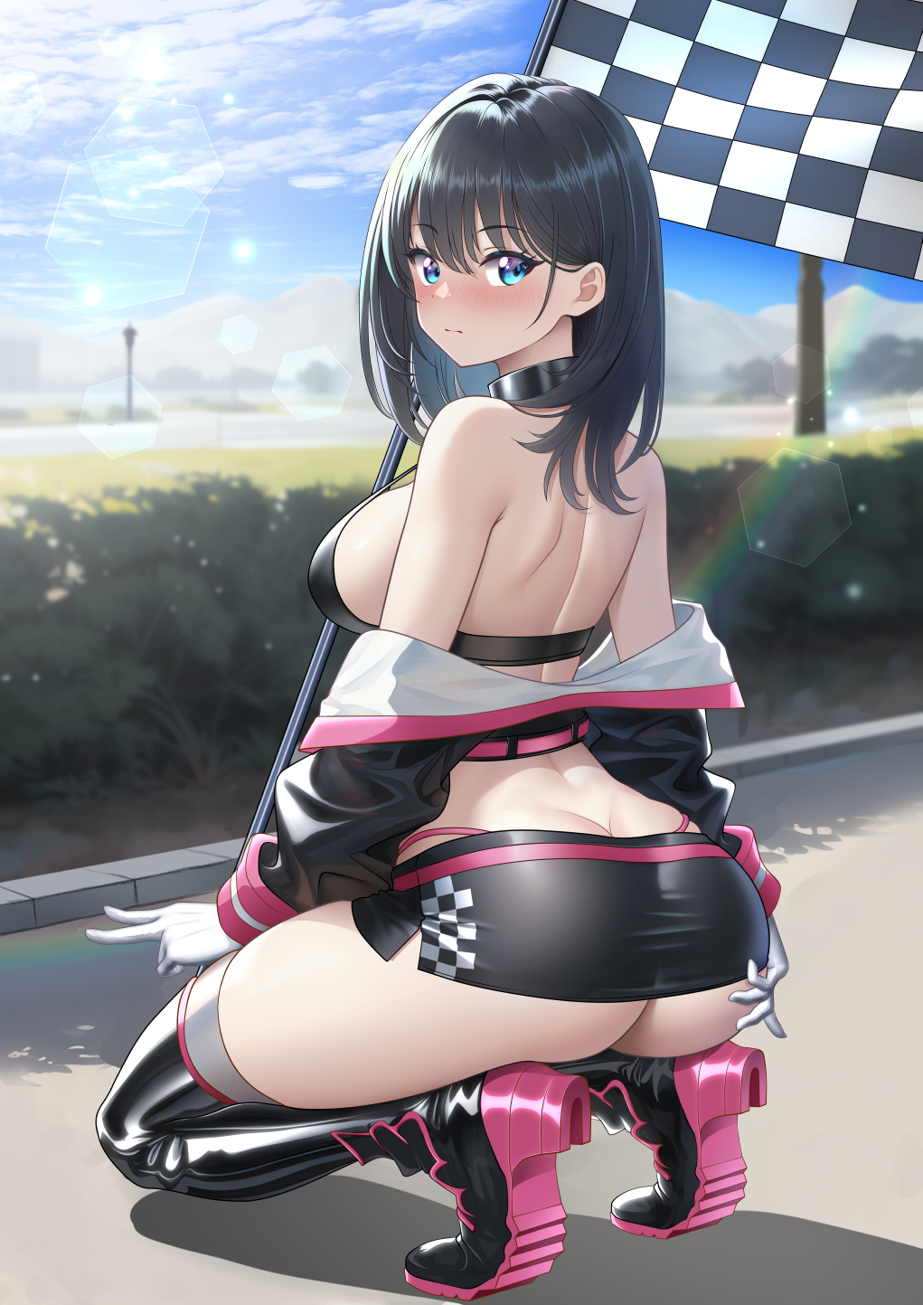 1girls, ass, black hair, blue eyes, breasts, bubble ass, bubble butt, female, large ass, large breasts, light skin, light-skinned female, looking at viewer, medium breasts, medium hair, outdoors, race queen, squatting, ssss.gridman, studiopokotan, takarada rikka, thick thighs, thighs