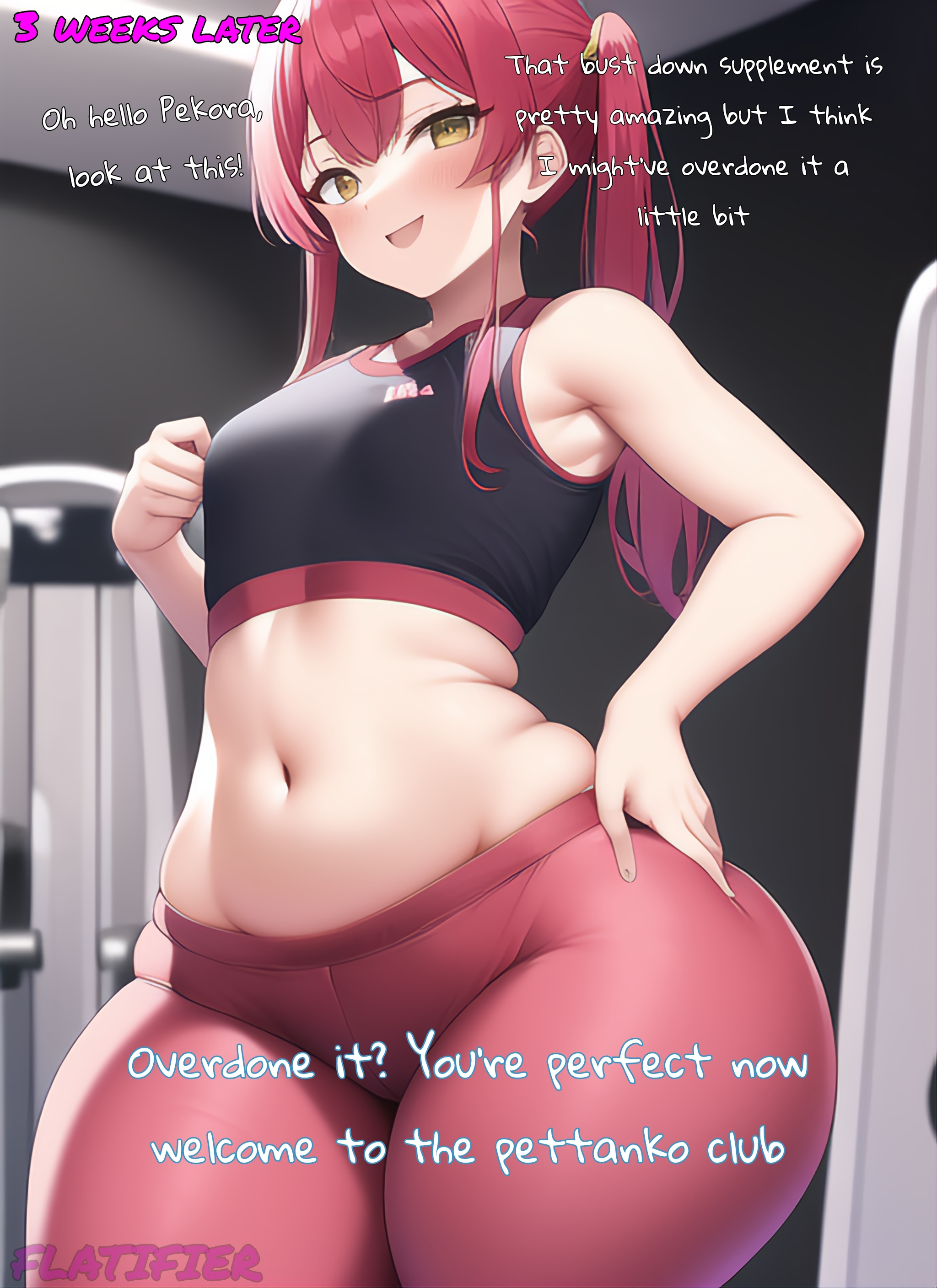 1girls, 2d, ai generated, armpits, bangs, black bra, bra, breast reduction, breast shrinking, breasts, color, english text, eyebrows visible through hair, female, female only, flatifier, hair, hololive, hololive fantasy, hololive japan, houshou marine, light skin, light-skinned female, long hair, medium breasts, open mouth, pants, red hair, red pants, solo, sports bra, text, virtual youtuber, watermark, yellow eyes